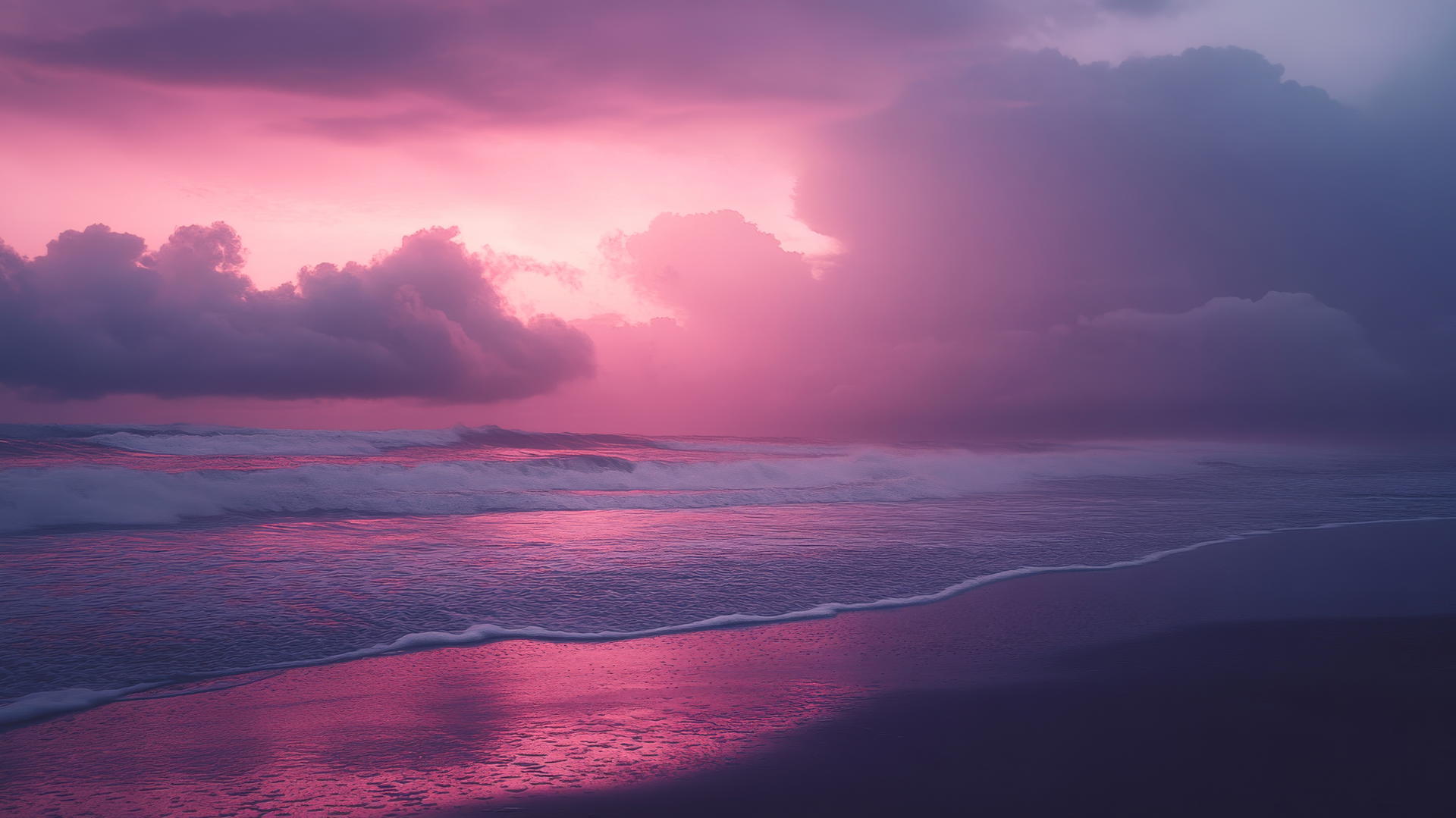 beach aesthetic wallpaper at twilight with dark clouds, soft pinks, purples