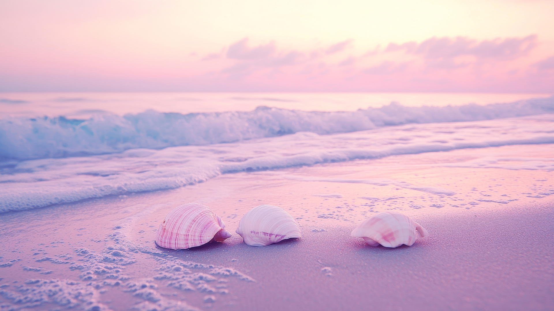 aesthetic beach wallpaper with pastel skies, seashells, and gentle waves
