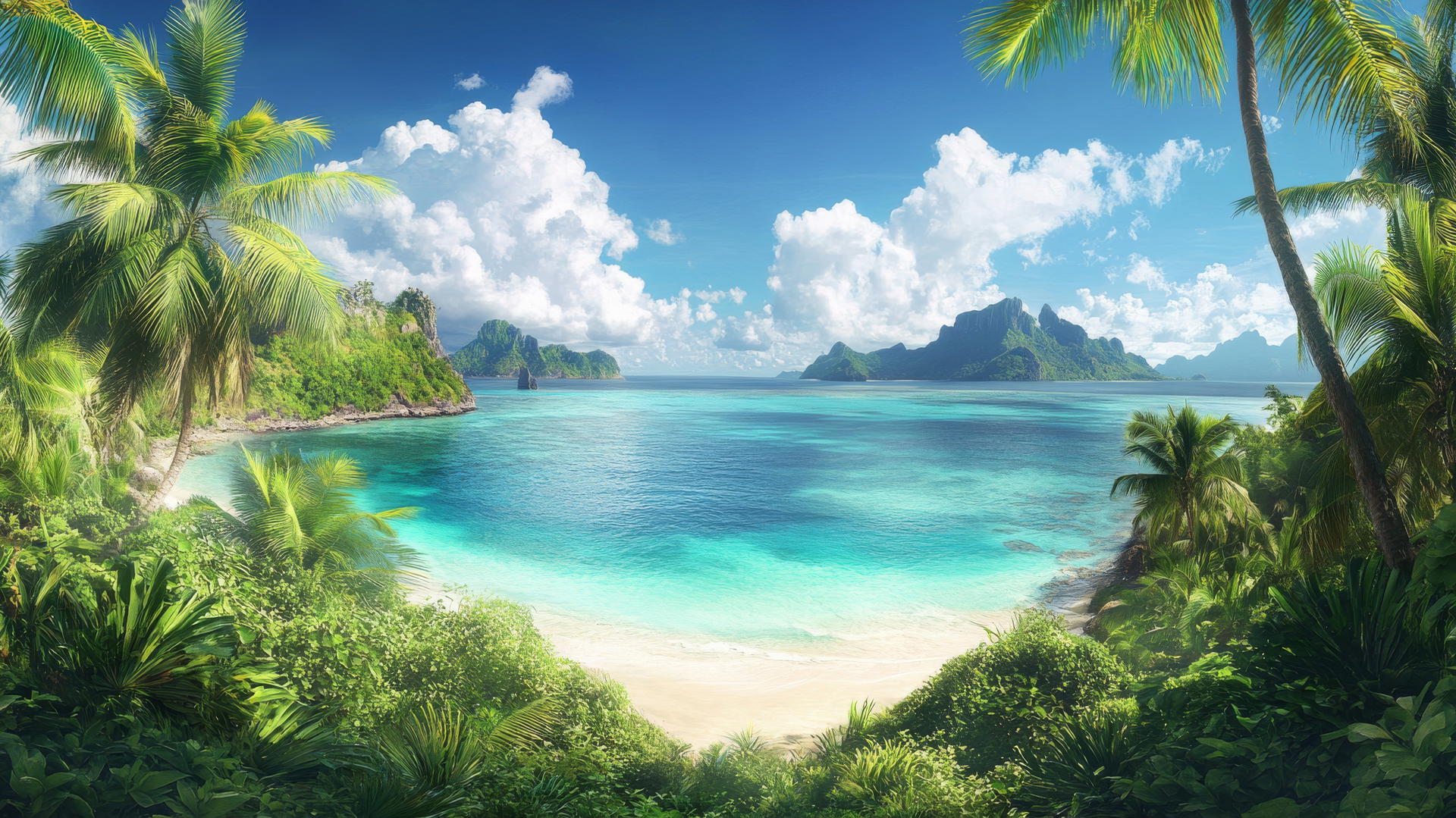 4K panoramic view of a tropical paradise with palm trees, clear ocean, distant islands, beach wallpaper 4k