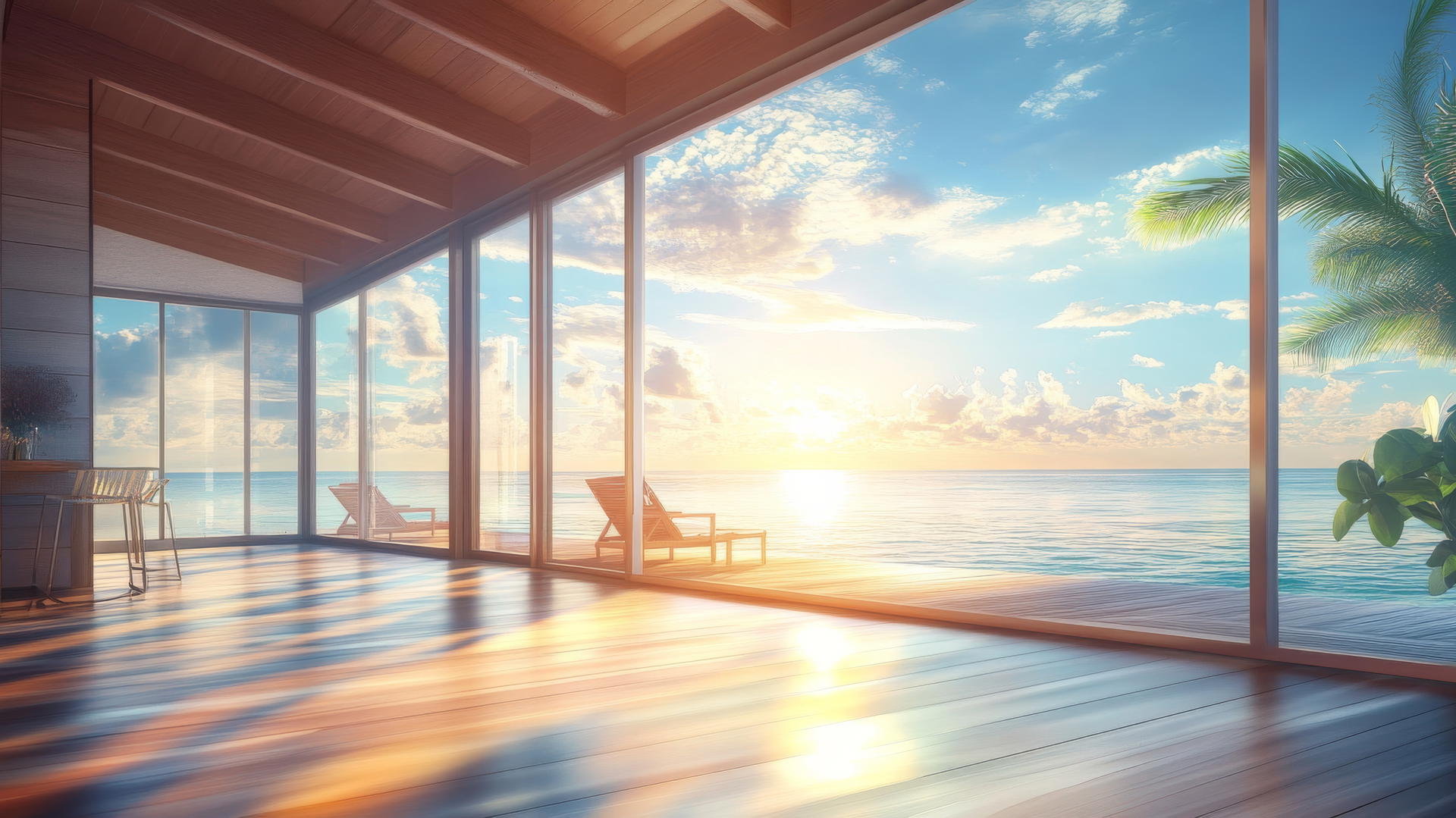 Beach house wallpaper with large windows, ocean view, wooden deck, and soft sunlight.