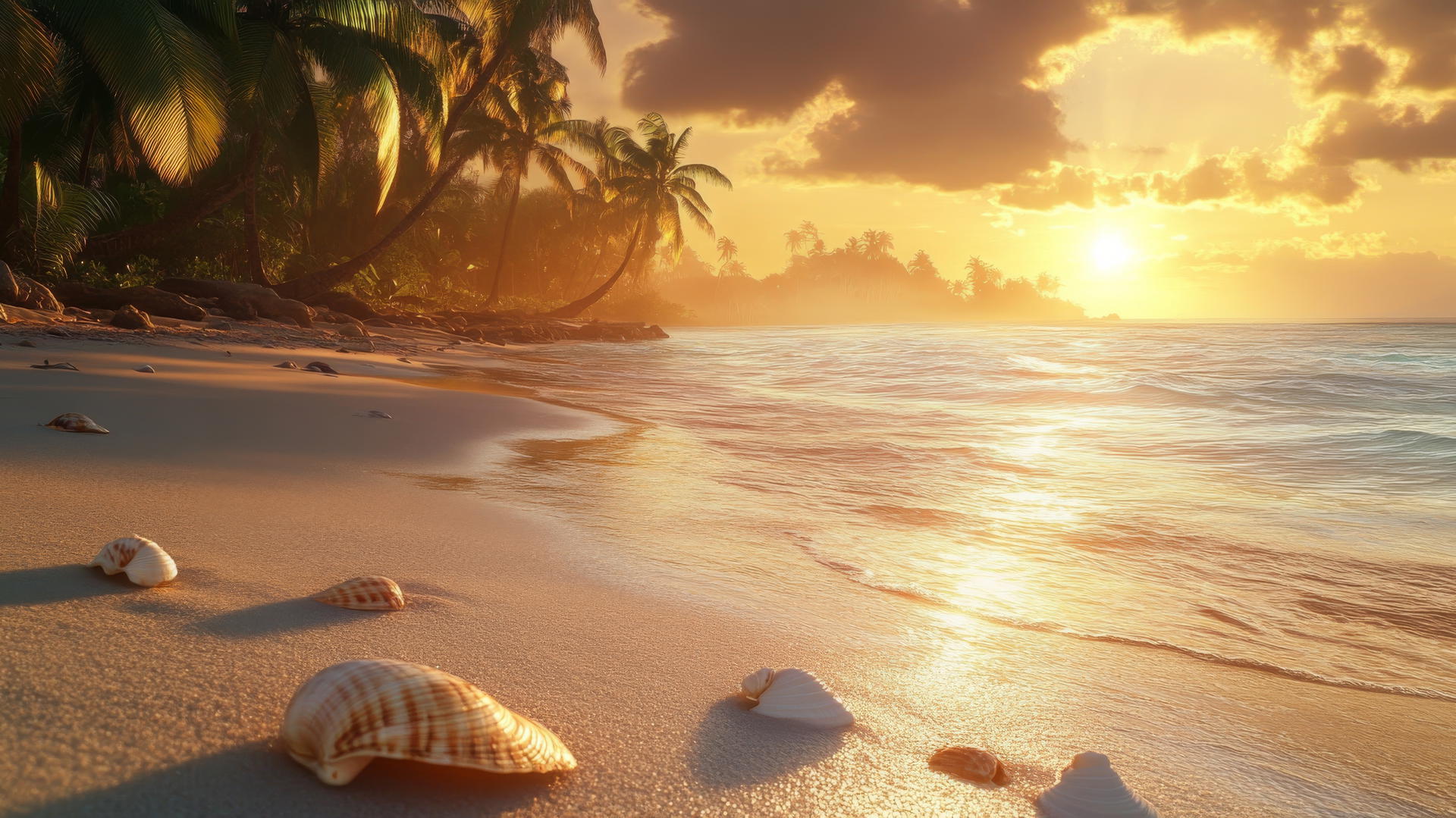 tropical beach wallpaper with sunrise, golden light, palm trees, and seashells