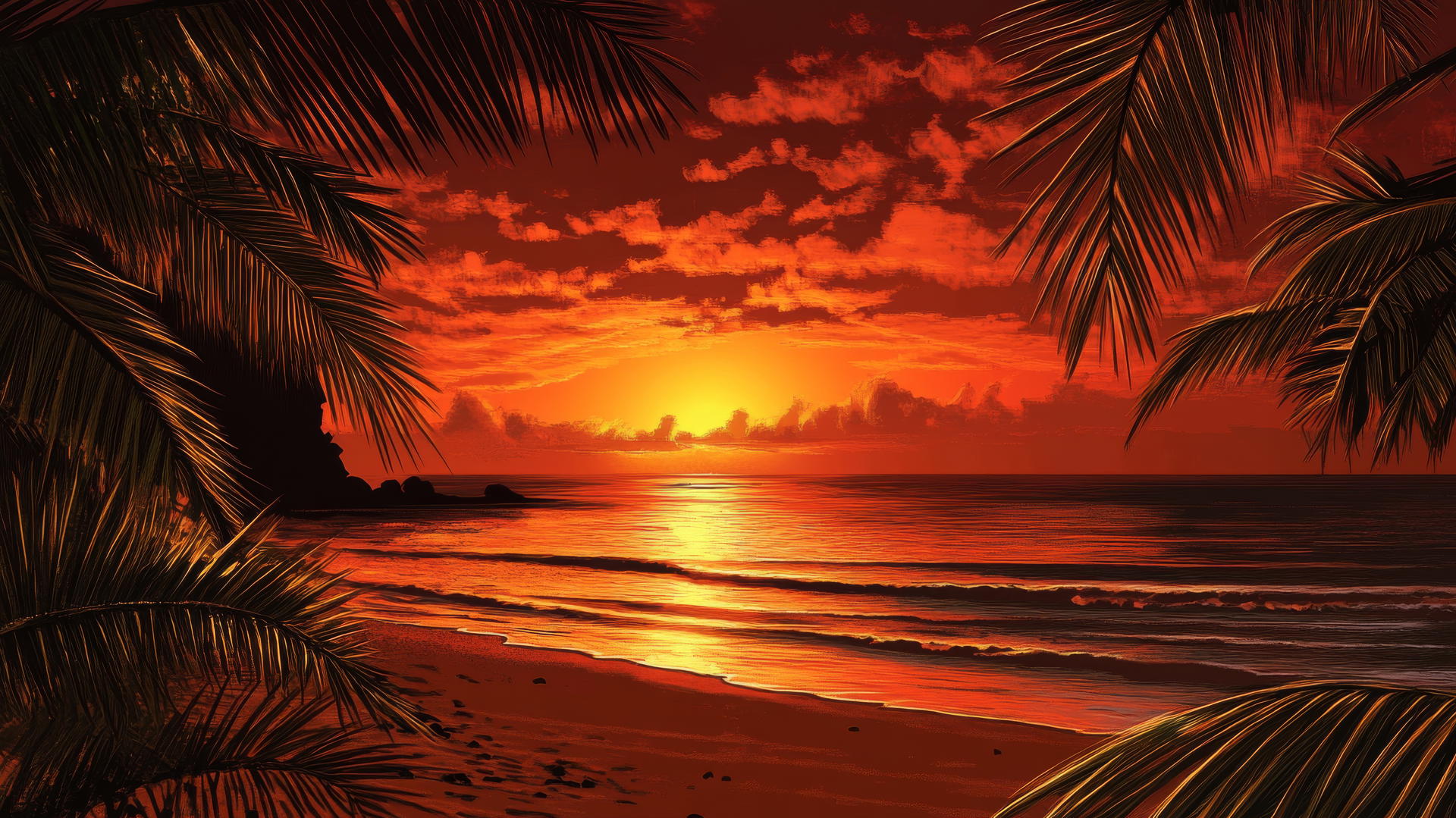 tropical beach wallpaper at sunset with orange skies, ocean reflections, and palm tree silhouettes