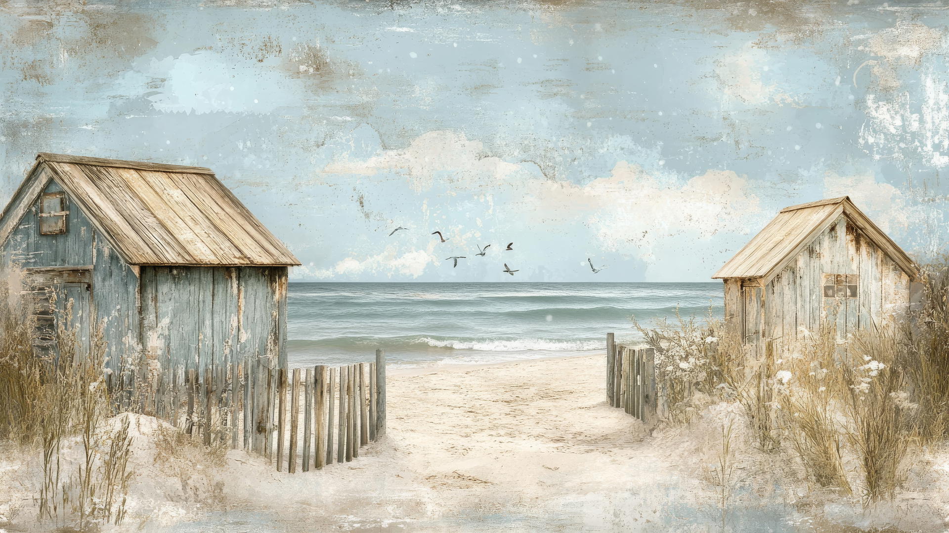 Beach themed wallpaper featuring vintage-style retro beach cabins with muted tones.