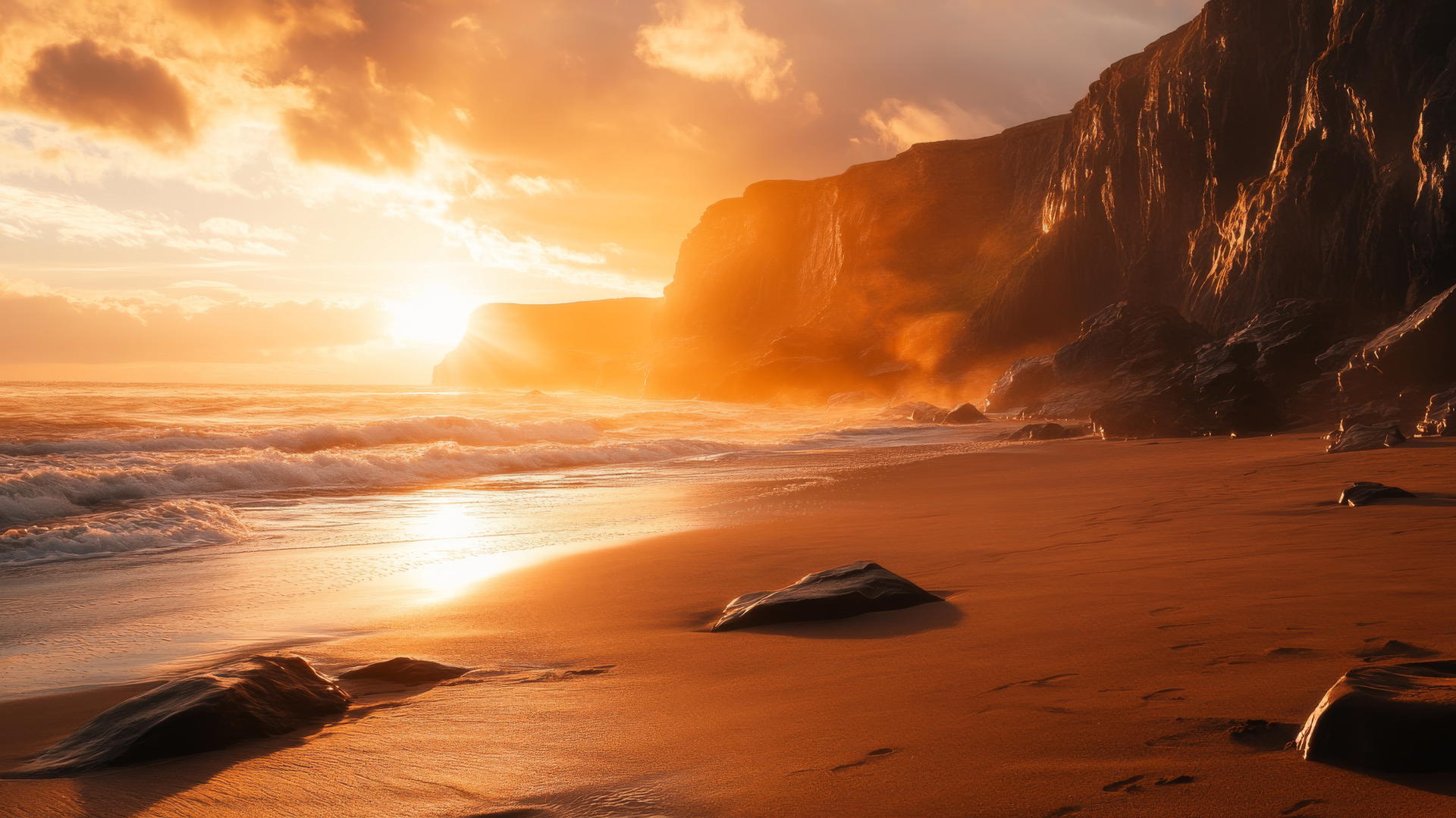 sunset background beach wallpaper with golden sunset over rocky beach and cliffs