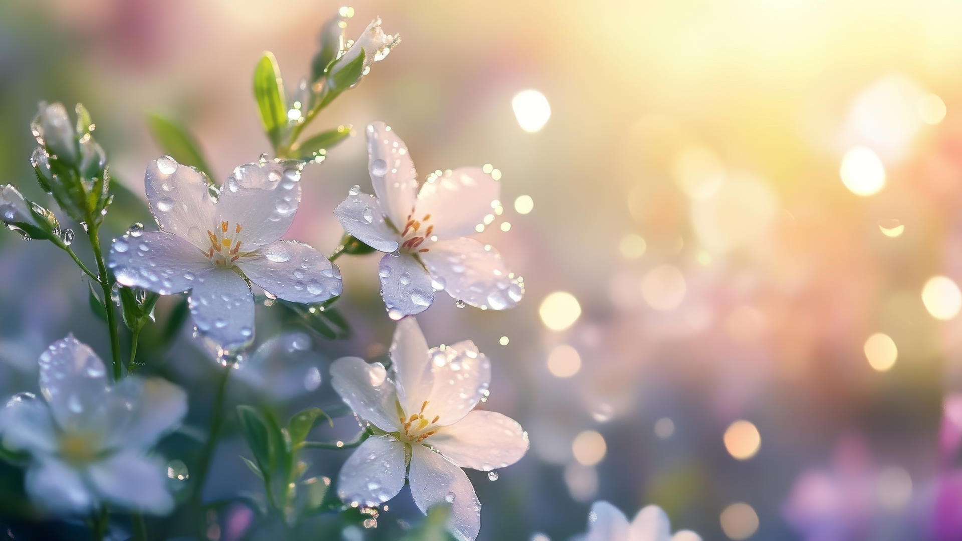 spring wallpaper with dew-covered flowers in misty morning and soft sunlight