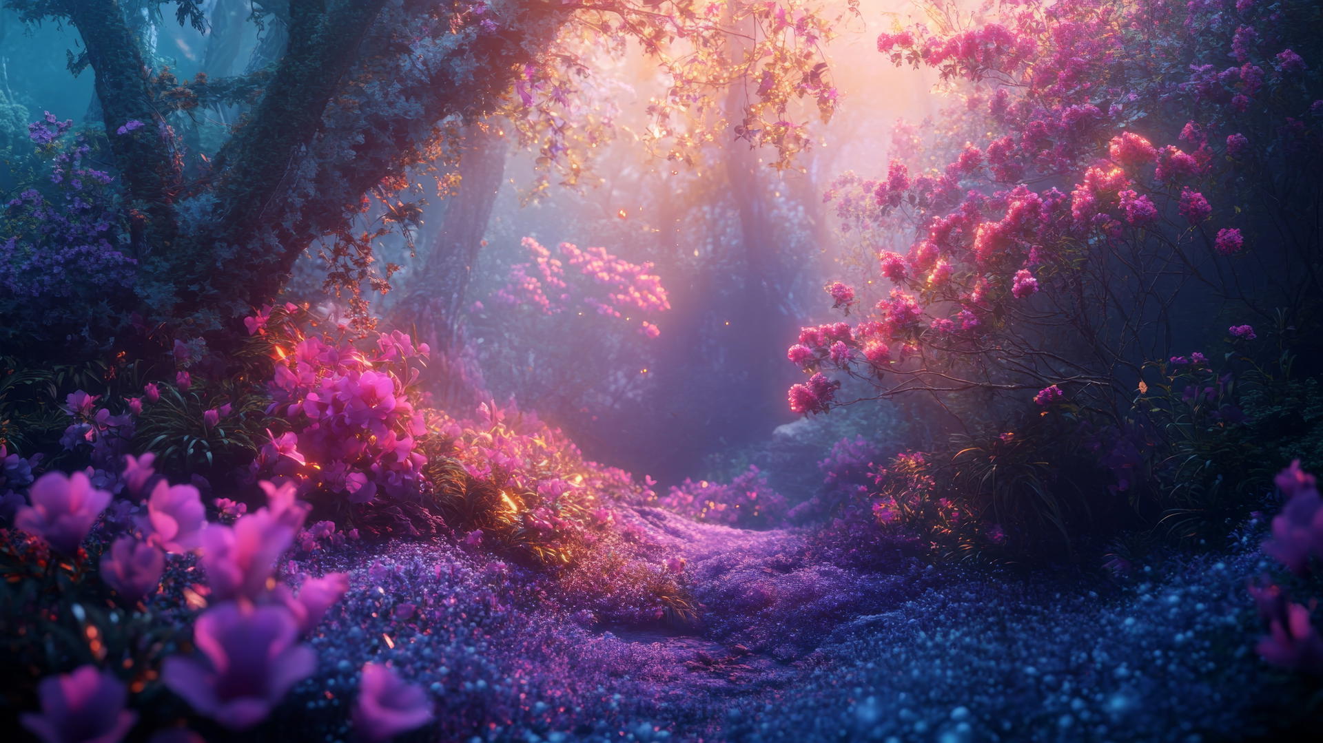 A fantasy spring wallpaper of a glowing forest with magical flowers and luminous plants.