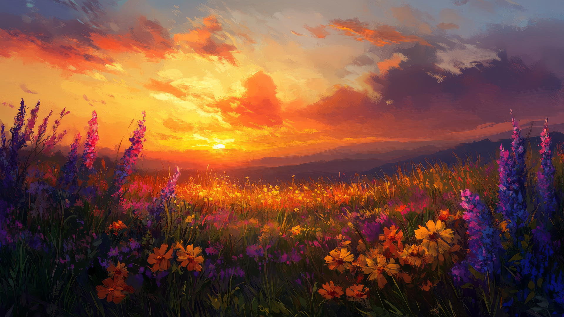 spring wallpaper with a vibrant sunset over a field of wildflowers