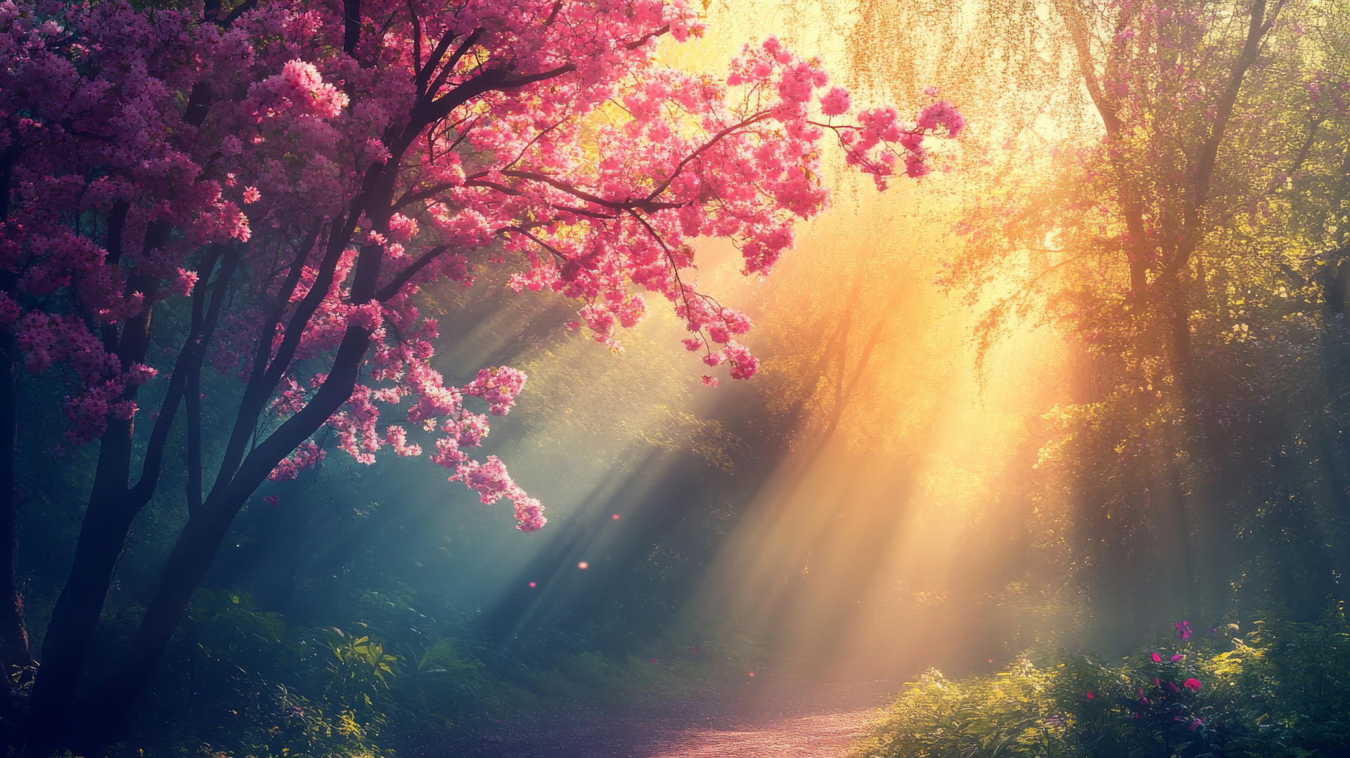 spring wallpaper of a digital forest with colorful blossoming trees and soft sunlight