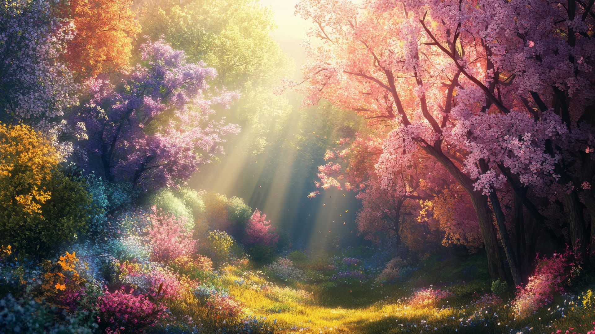 spring wallpaper with blossoming trees and soft sunlight in a forest