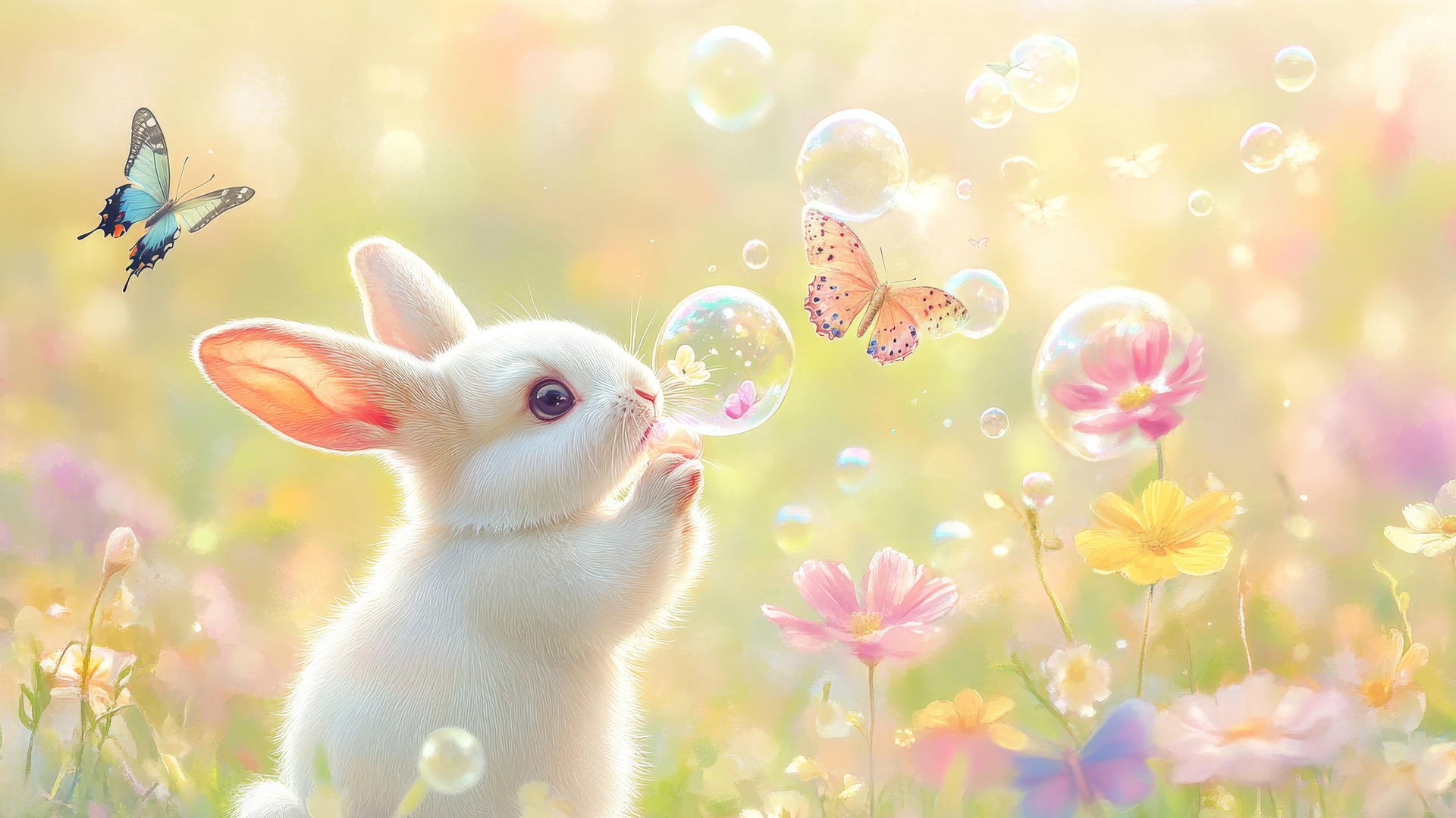 cute spring wallpaper of a baby rabbit blowing flower-shaped bubbles with butterflies