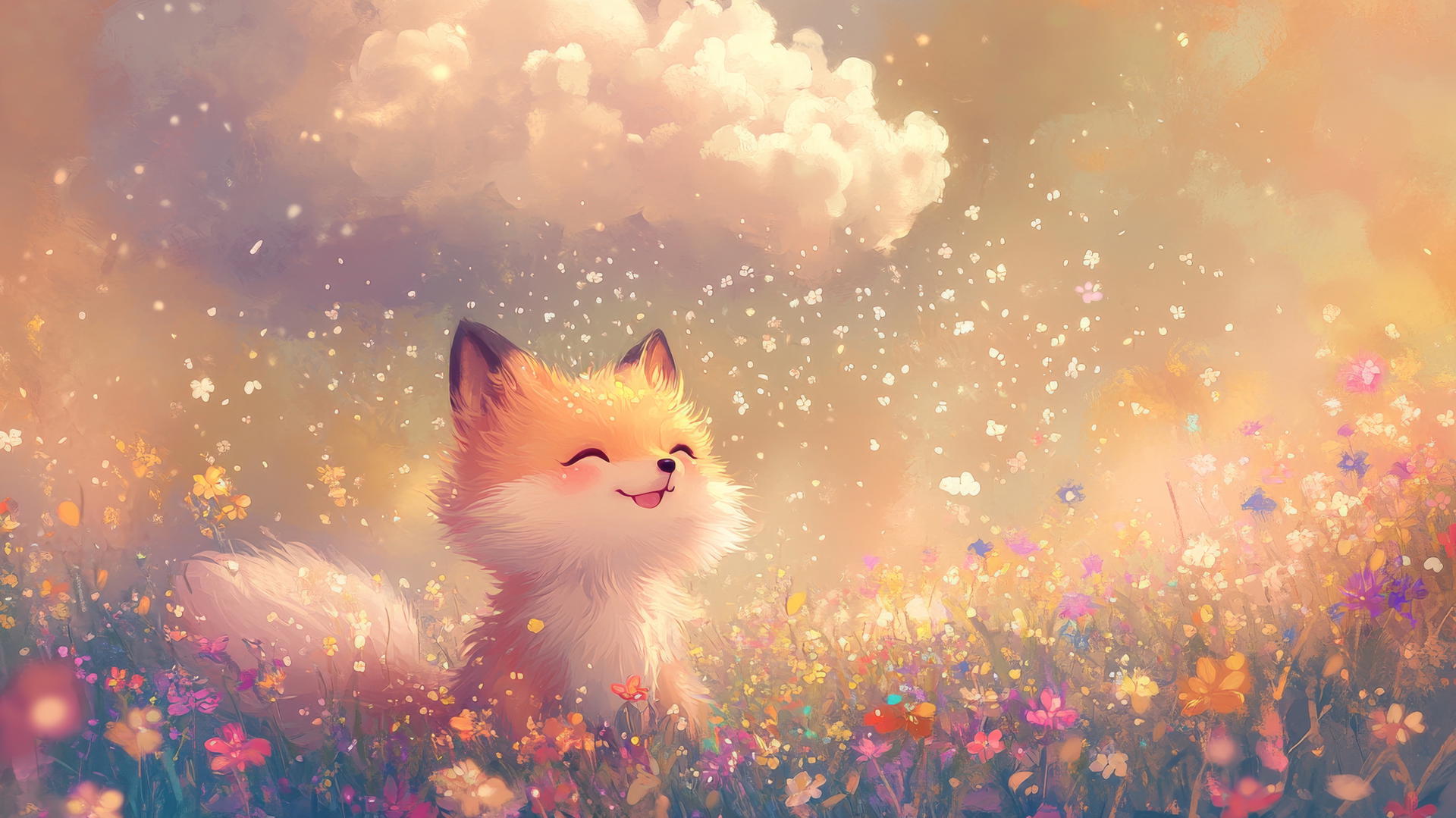 cute spring wallpaper with fluffy cloud raining colorful flowers on a baby fox