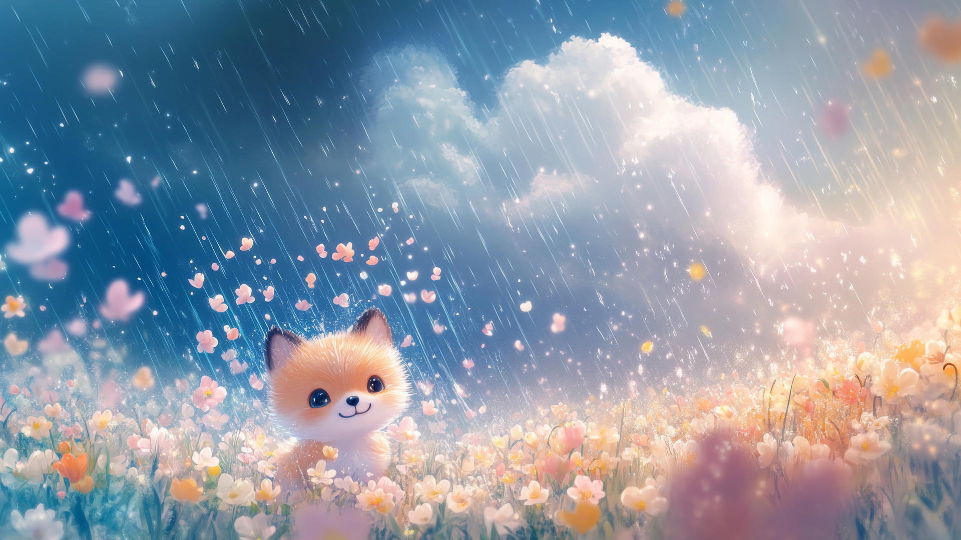 cute spring wallpaper with a fluffy white cloud raining colorful flowers over a smiling baby fox