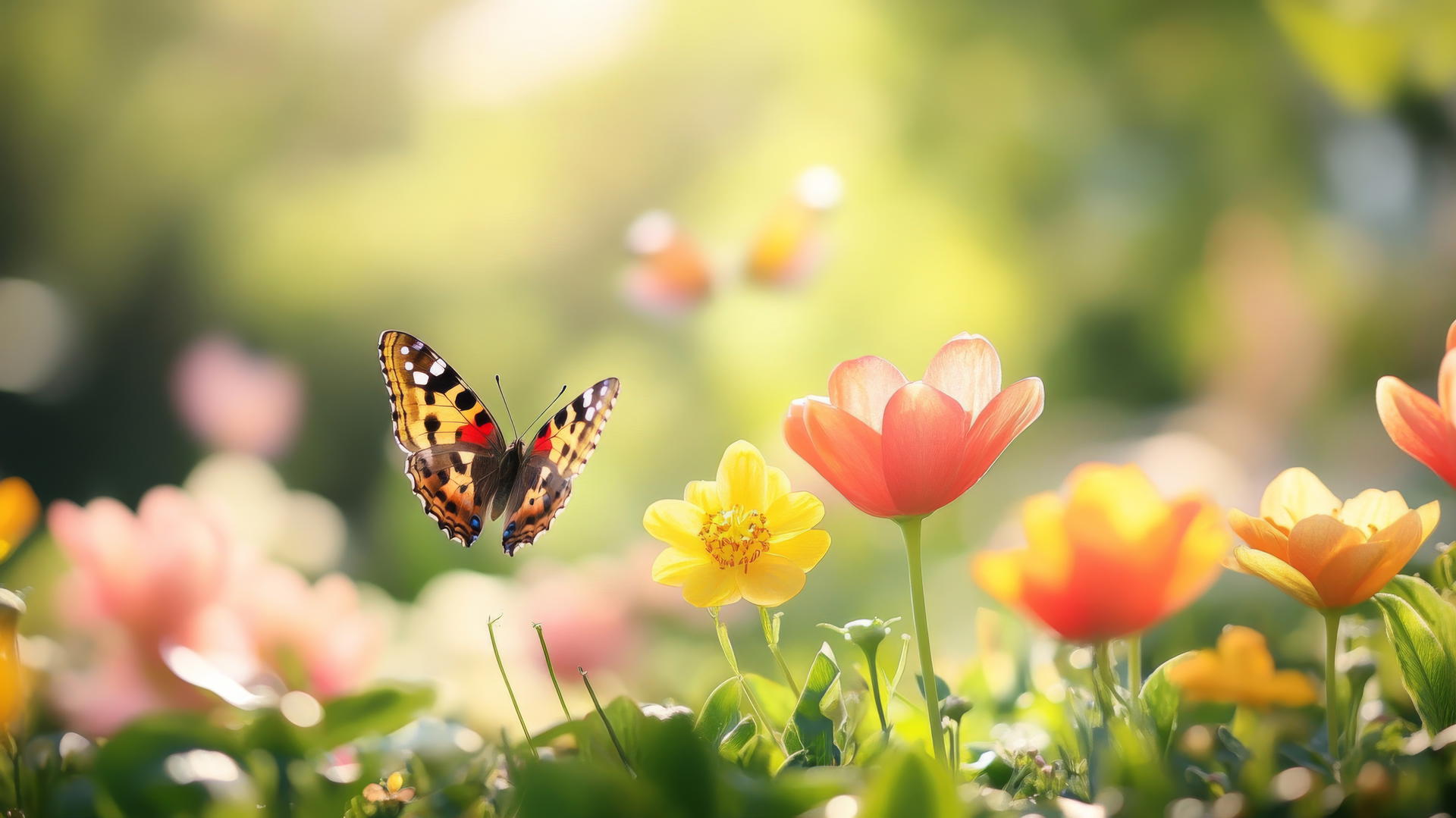 spring flowers wallpaper with butterflies in a peaceful garden