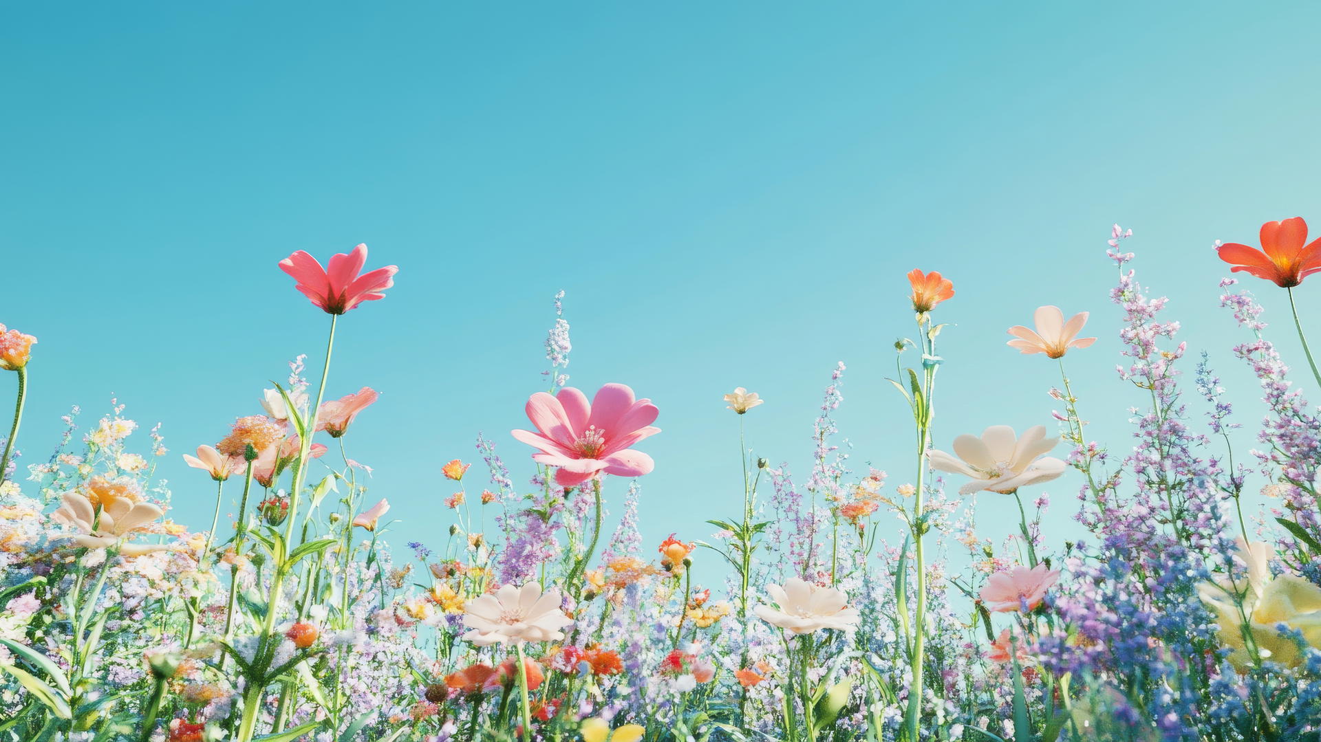 spring flowers wallpaper with colorful garden scene under a clear blue sky