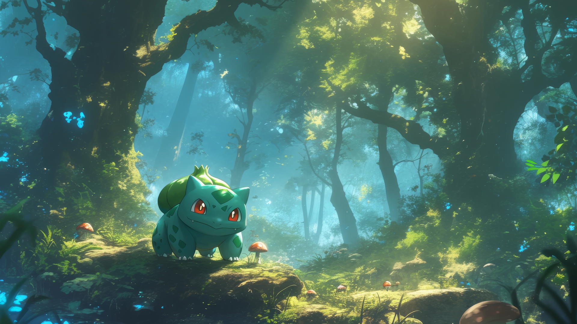 pokemon bulbasaur wandering through an enchanted forest with glowing mushrooms