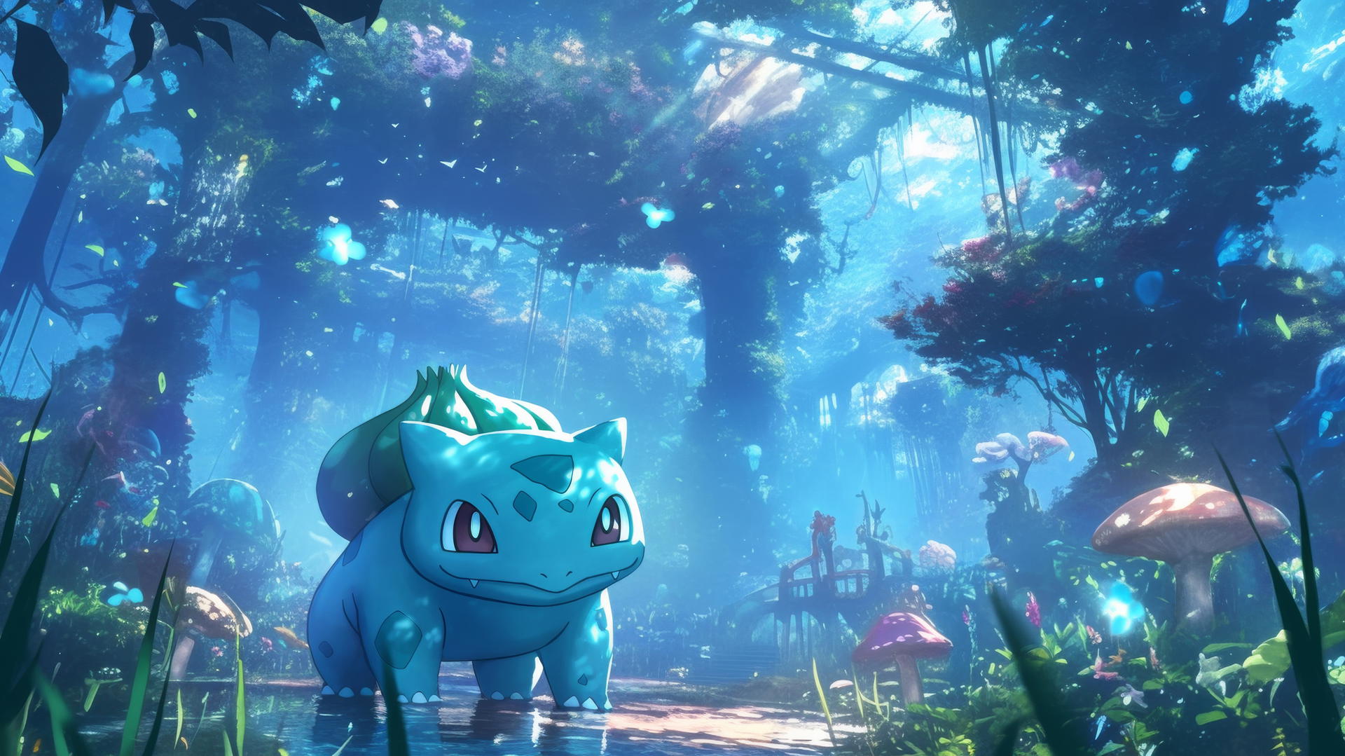 Surreal landscape with Pokemon Bulbasaur among glass and crystal structures
