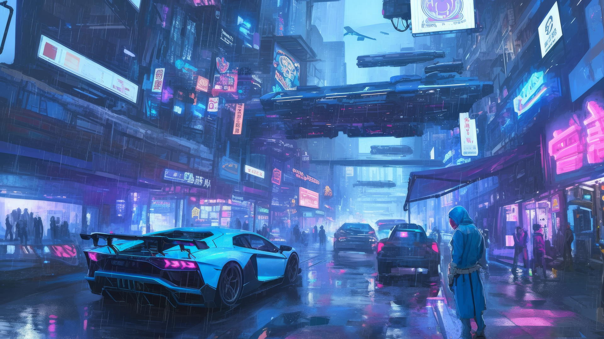 cool wallpapers 4k, cyberpunk city street with futuristic vehicles and neon signs