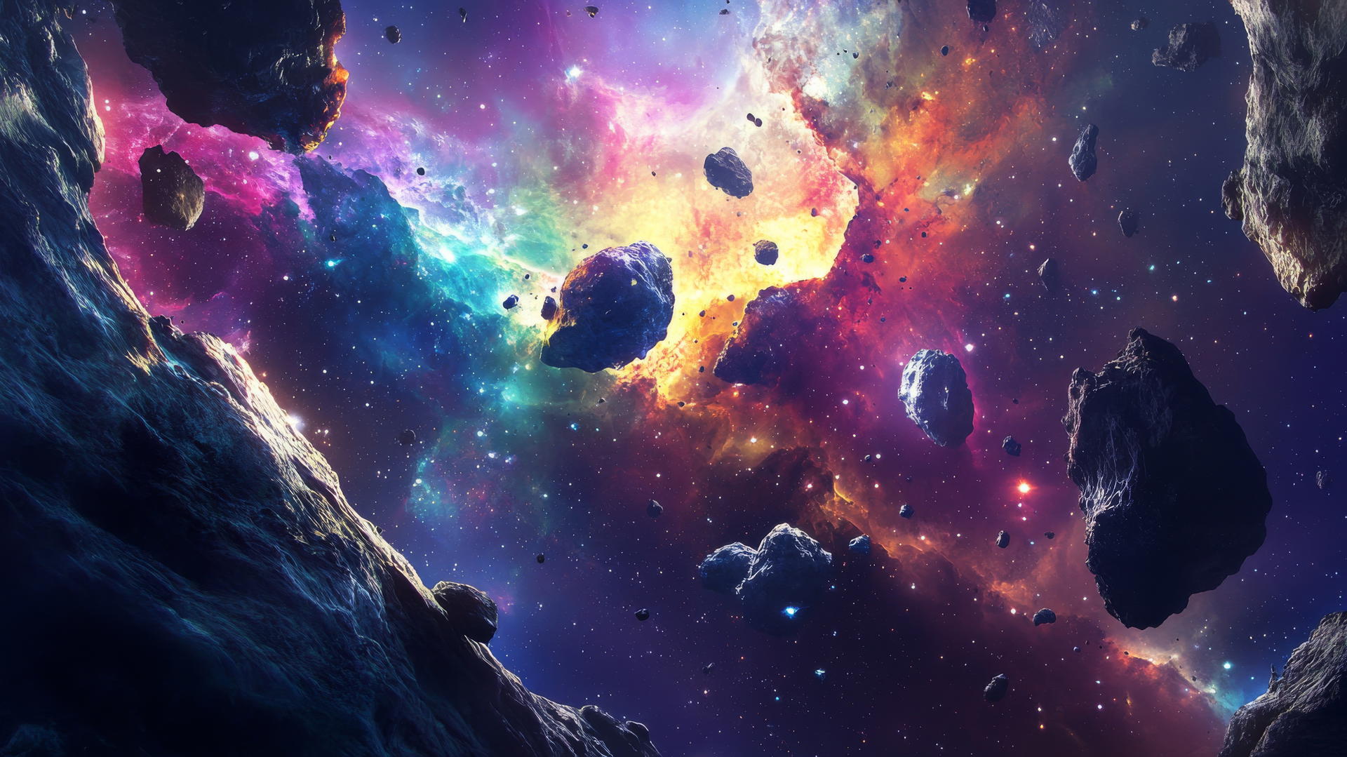 Cool wallpapers 4k showing a spaceship flying through a colorful asteroid field with distant galaxies.
