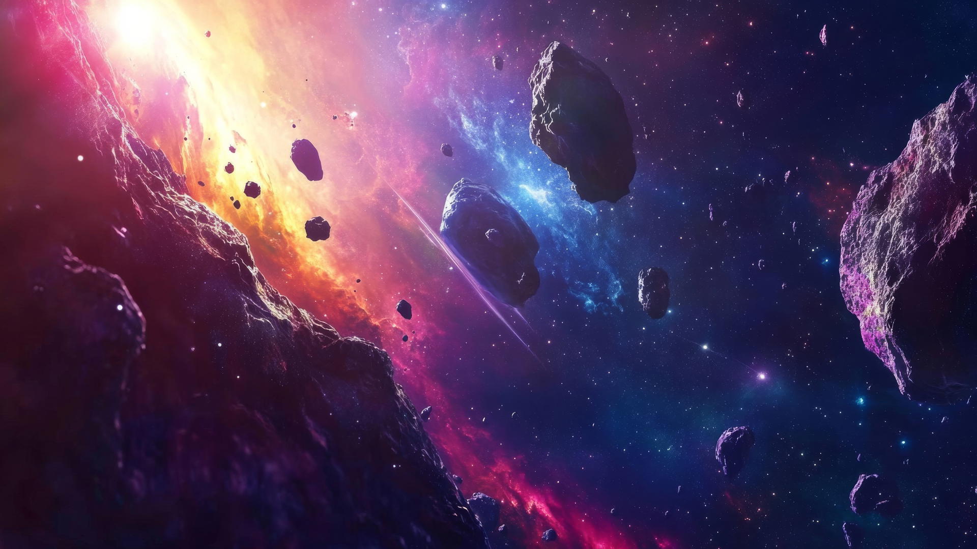 Cool wallpapers 4k showing a spaceship flying through a colorful asteroid field with distant galaxies.