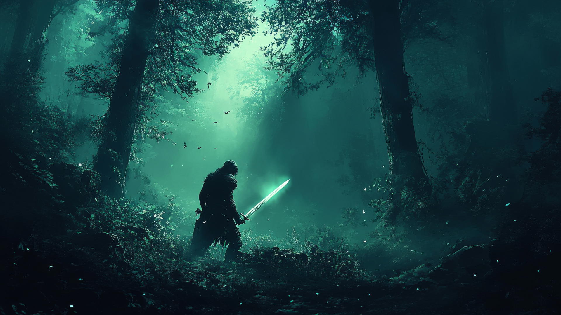 cool wallpapers for boys featuring a mysterious warrior with glowing sword in a dark forest