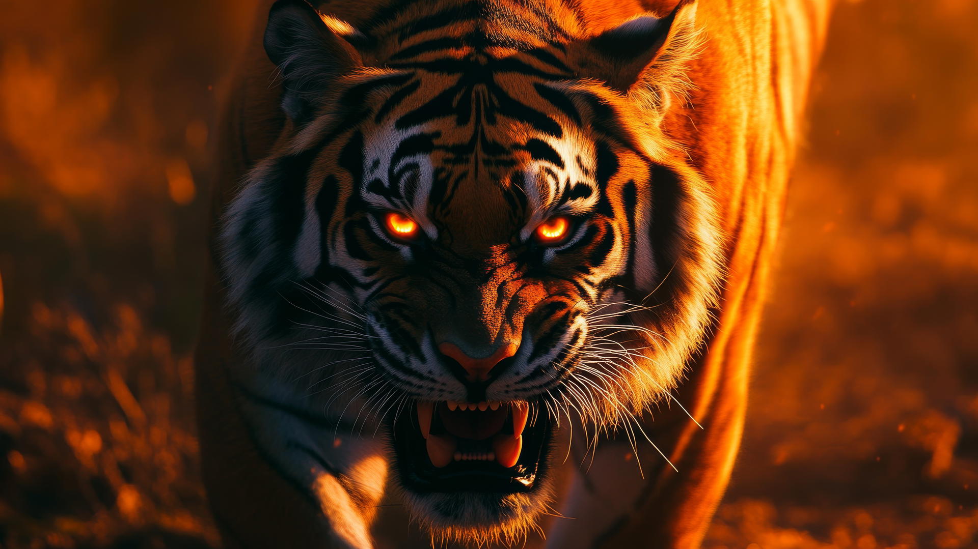 A roaring tiger with glowing orange eyes in soft sunlight, cool wallpapers for boys