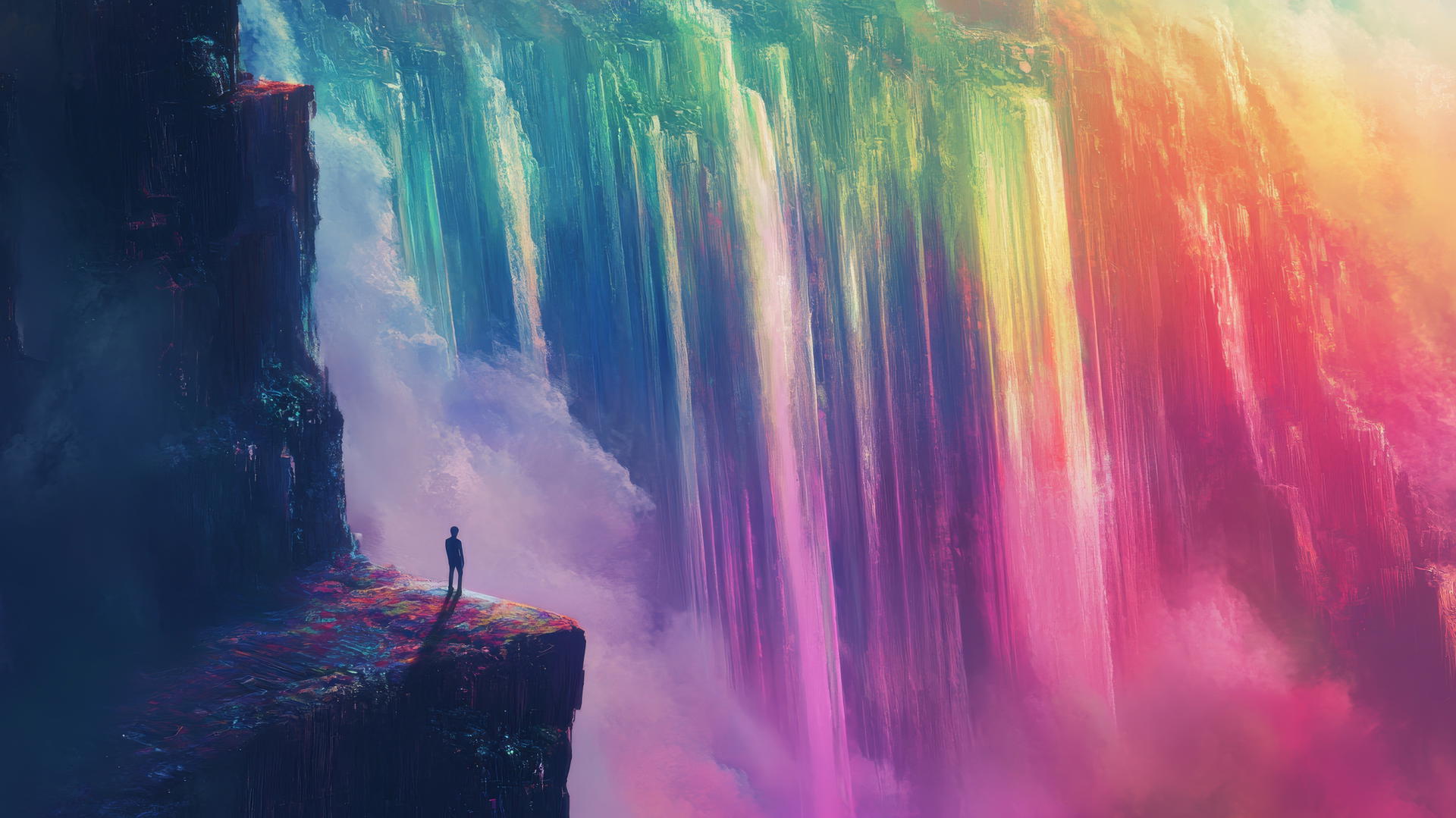 cool wallpapers for boys: boy on waterfall's edge with futuristic city and rainbow mist