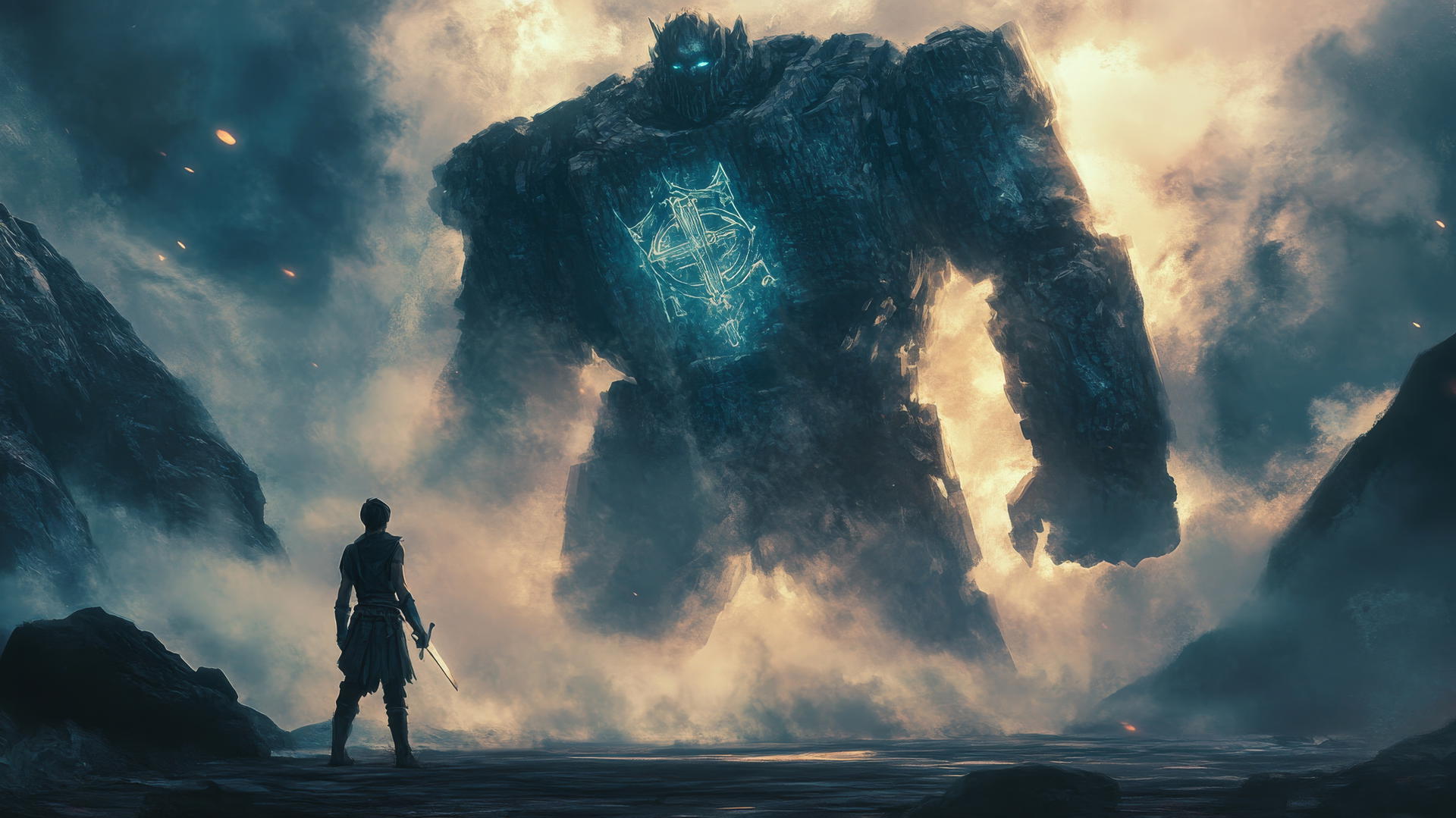 Young warrior faces stone golem with glowing runes in dark fantasy scene.