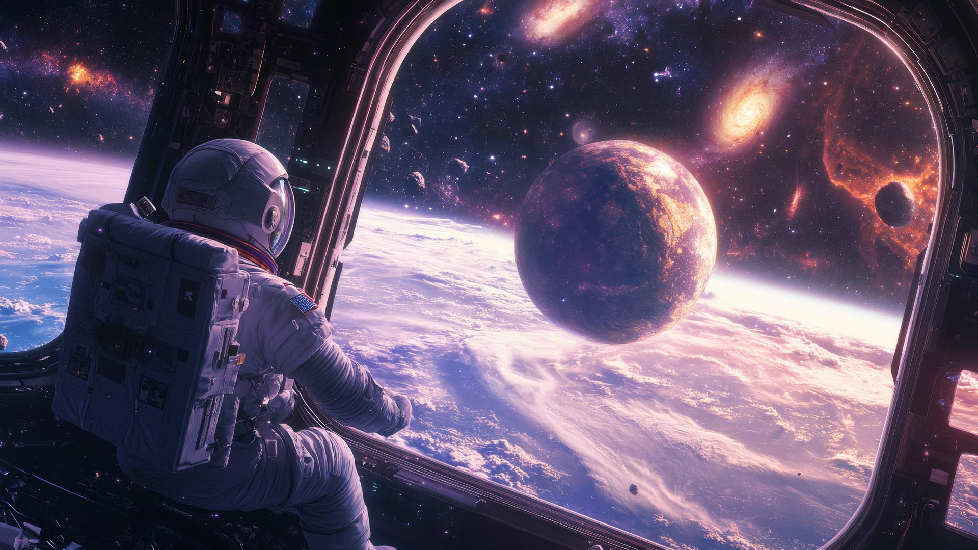 3D-rendered scene of young astronaut floating in space station with planets and galaxies visible