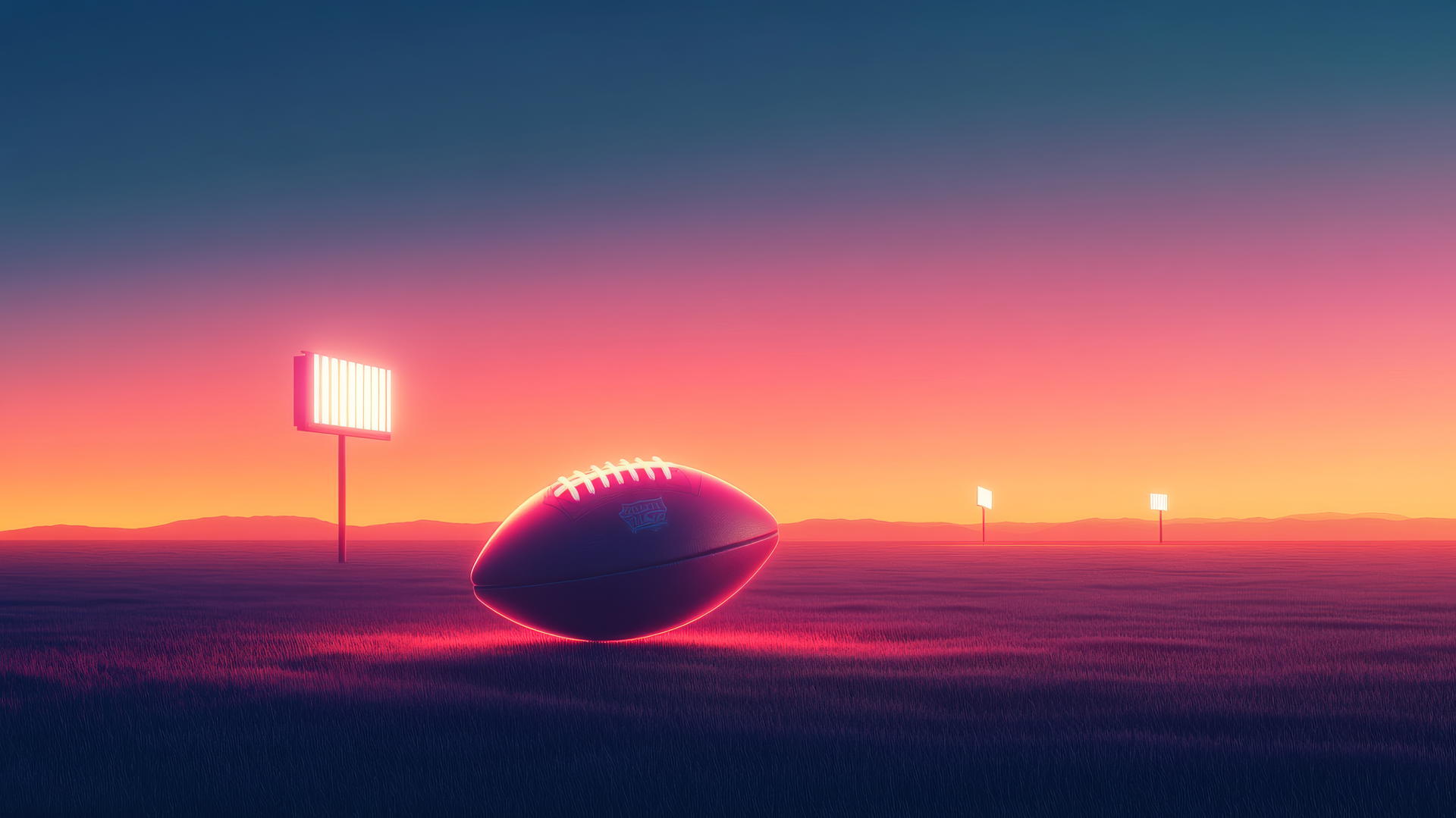 Glowing football on a tee in a minimalistic field with goalposts and gradient dusk-to-night sky.
