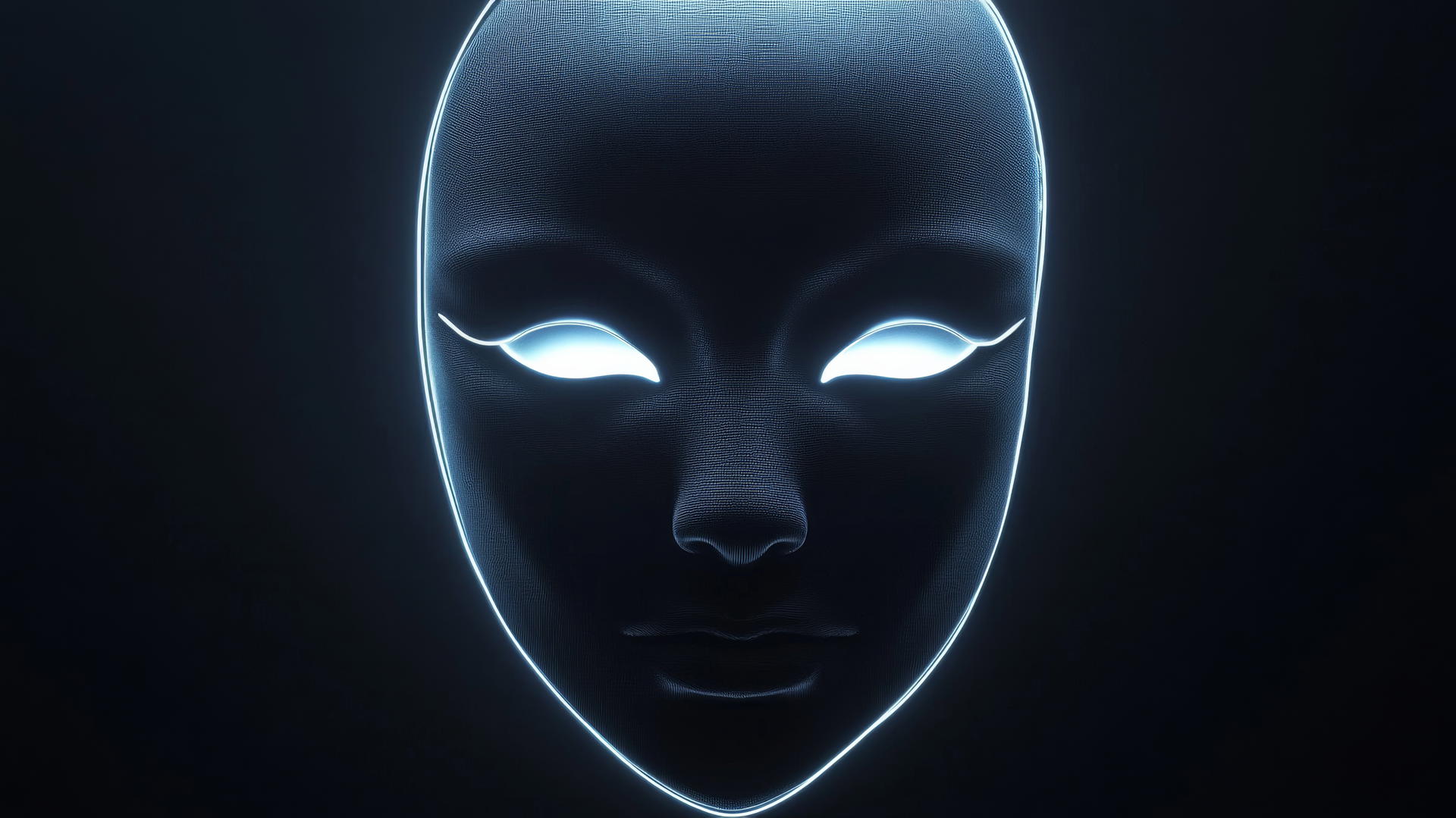 Glowing black mask with faint neon light against deep blackness