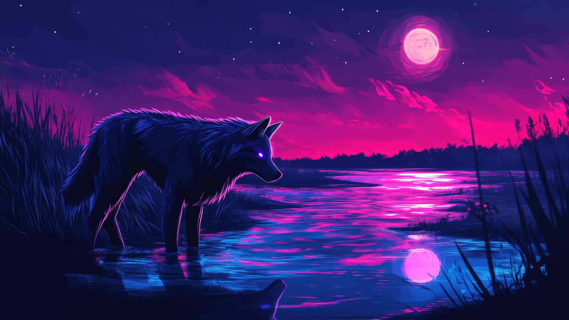 Minimalist outline of a wolf by a glowing river with neon reflections
