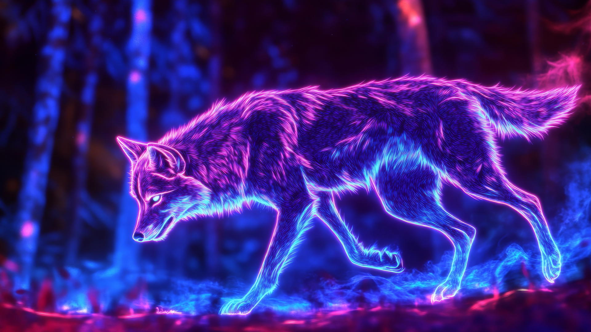Glowing outline of a running wolf in a neon forest with softly illuminated trees