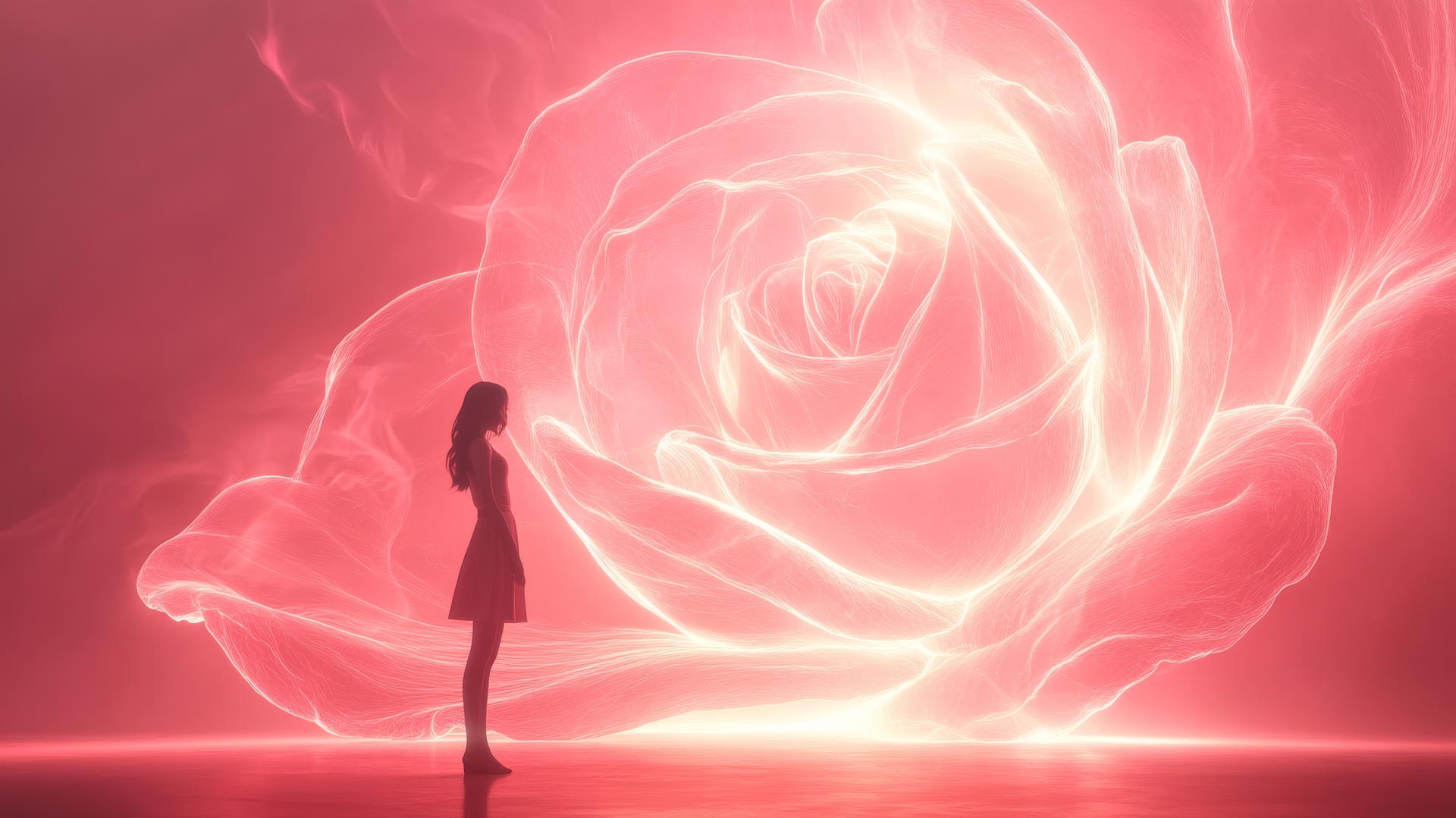 Minimalist girl standing before glowing rose outline in soft pink.