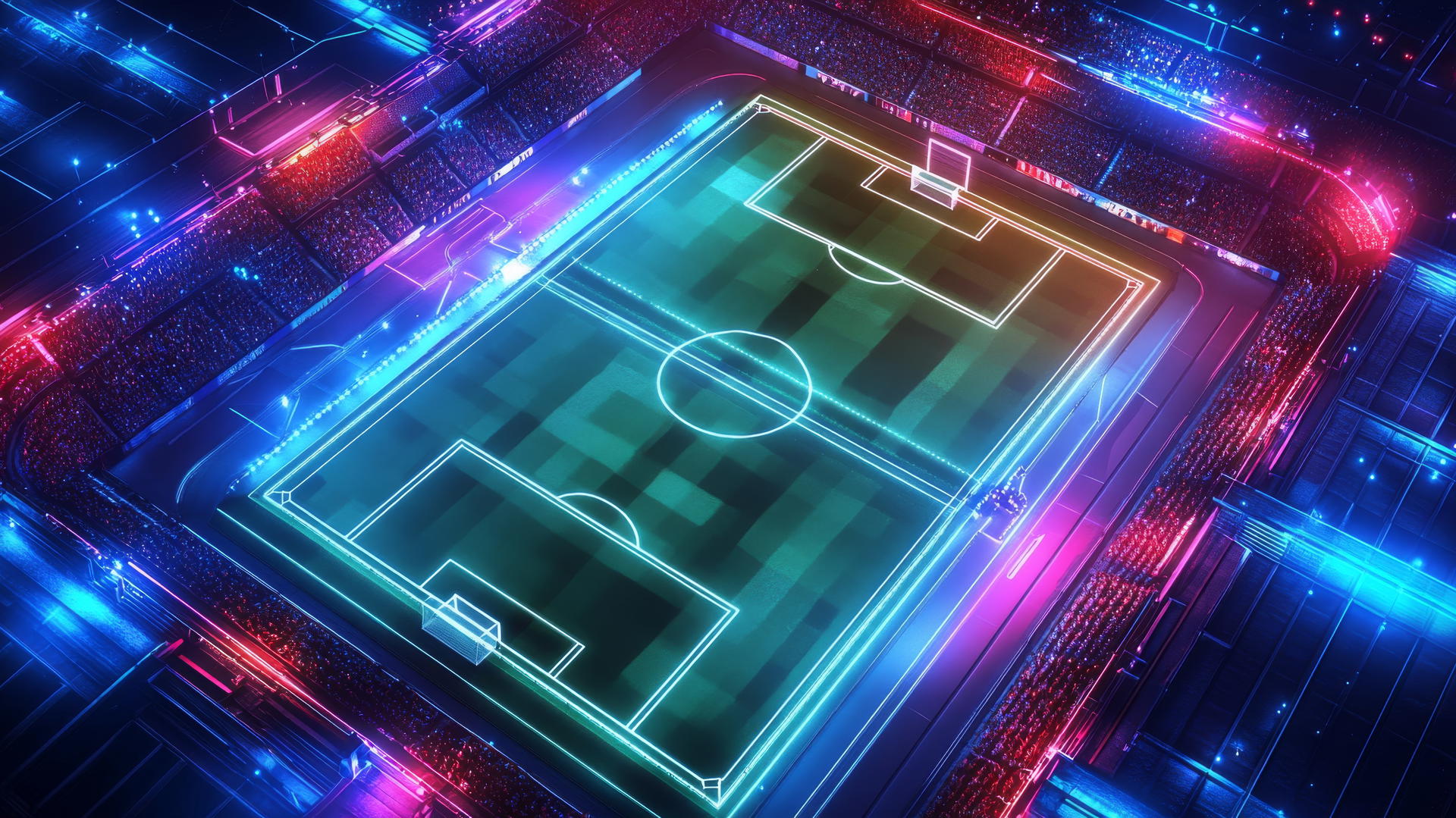Geometric rendering of a soccer stadium with glowing pitch and neon-lit crowd.