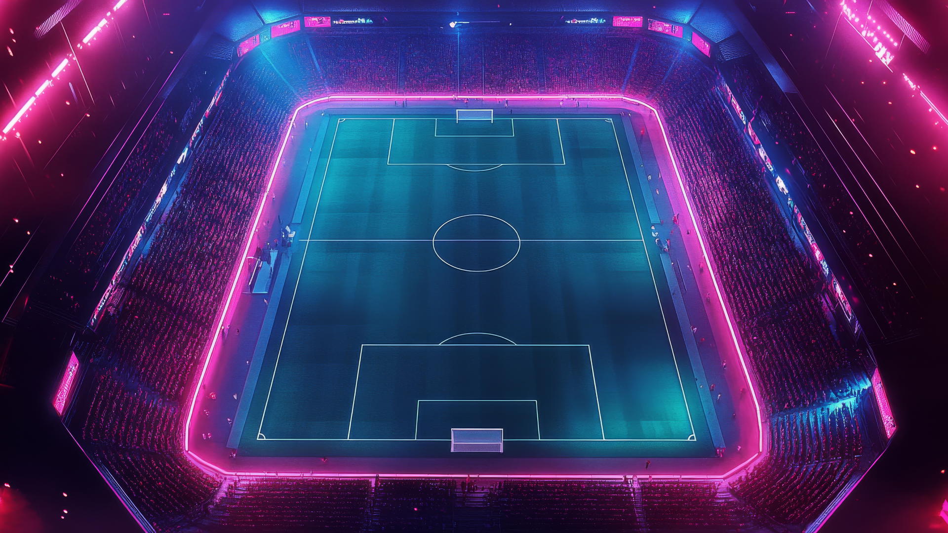 Geometric soccer stadium with glowing pitch viewed from above