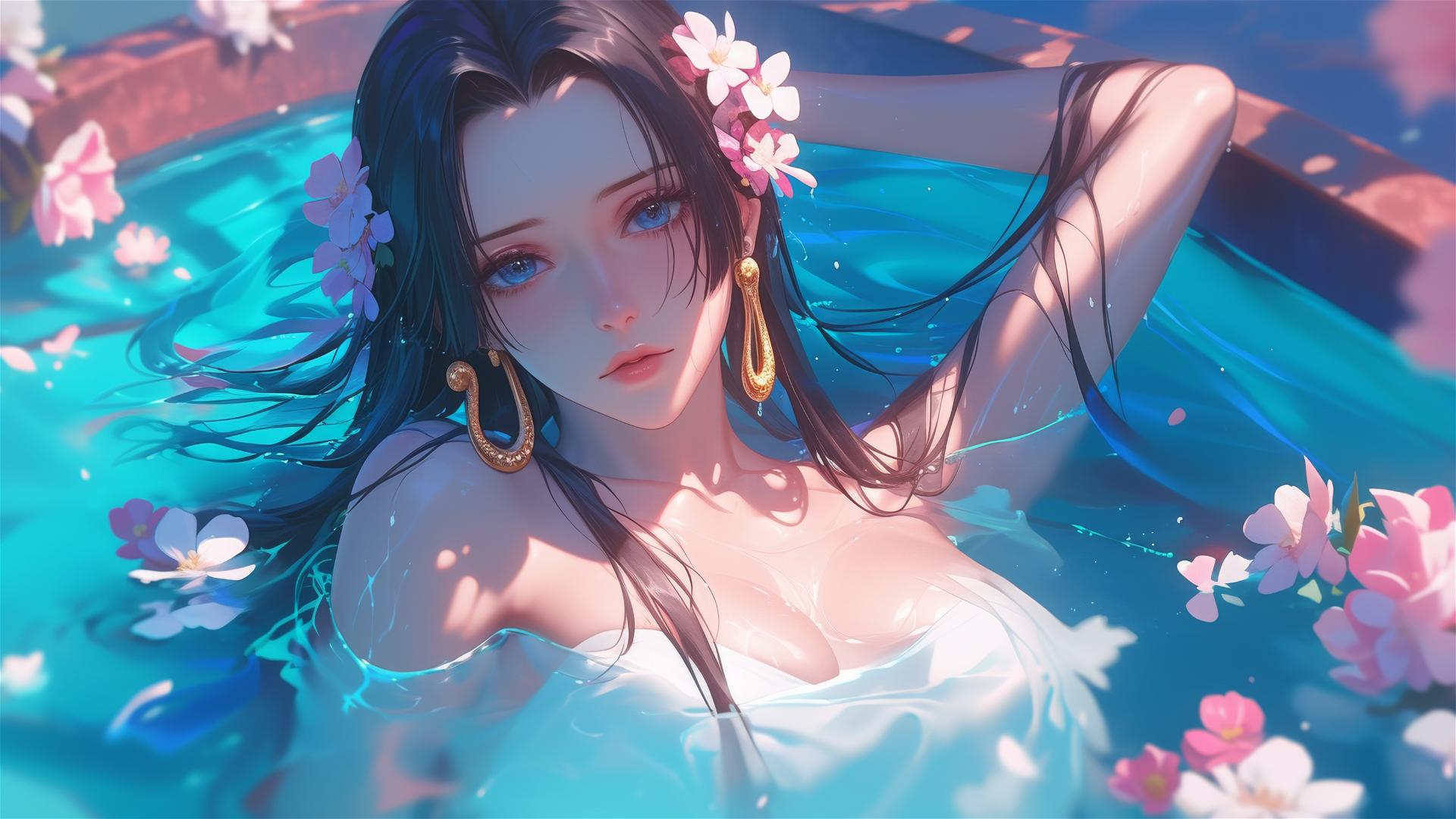 Boa Hancock from One Piece in a tub of flowers, in a Chinese spa