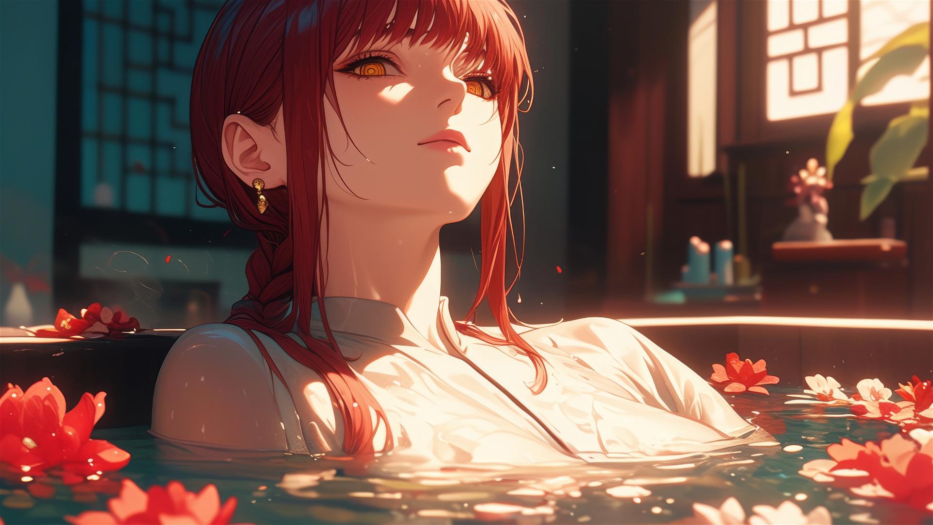 Makima from Chainsaw Man in tub with flowers at Chinese spa