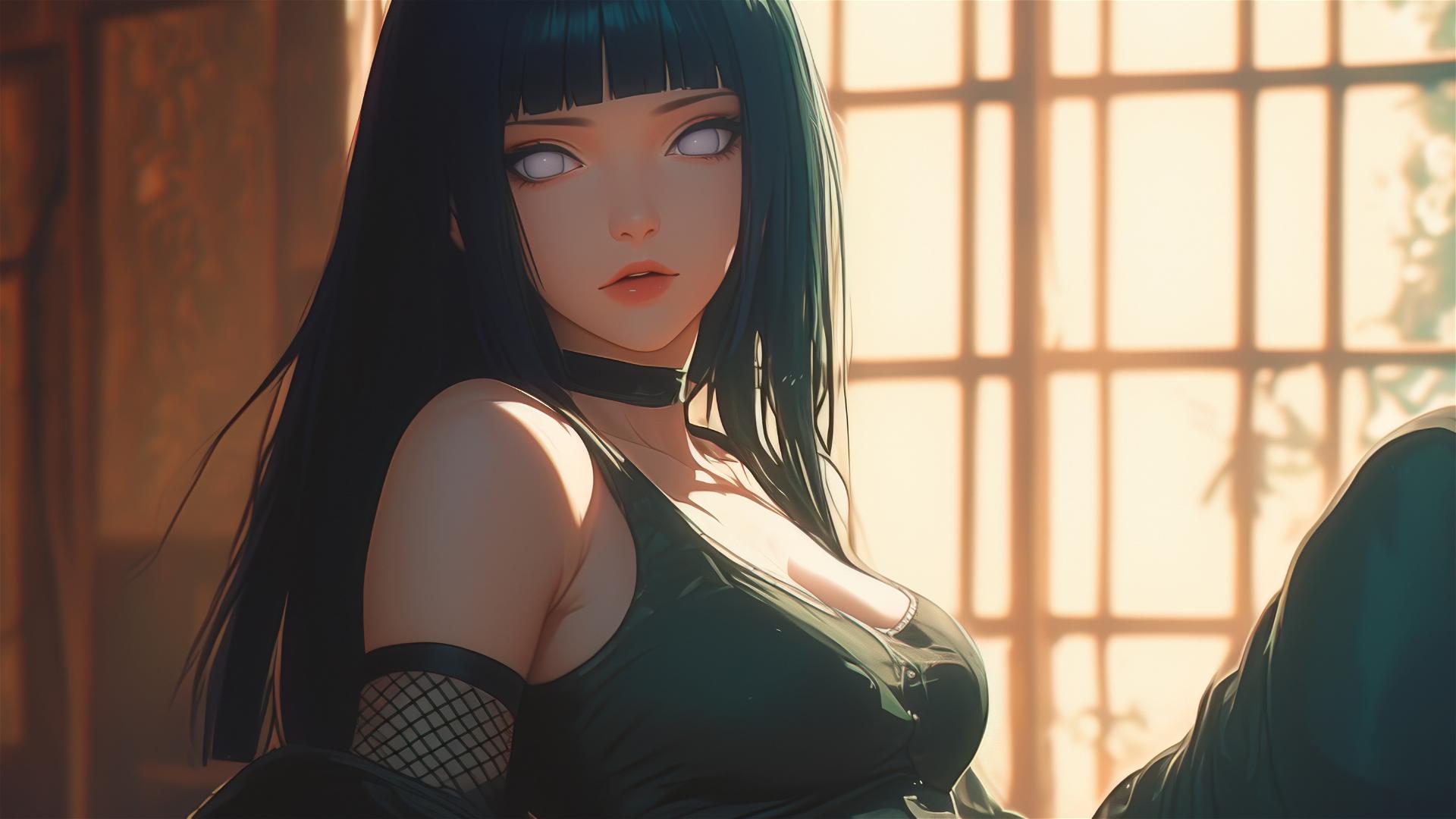 Hinata Hyuga from Naruto sitting in a modern hotel with warm light glow, white eyes.