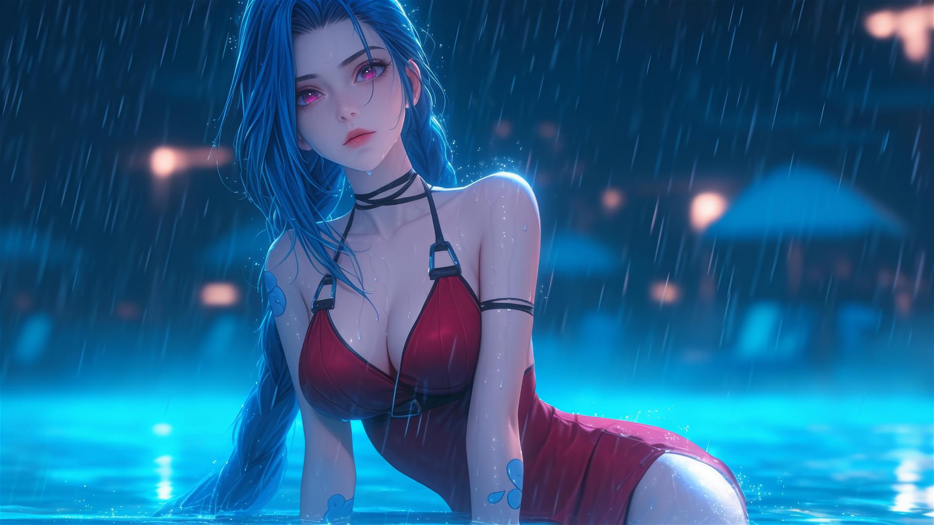 Jinx from League of Legends resting at a rainy swimming pool under moonlight in a red dress with pink eyes and blue hair