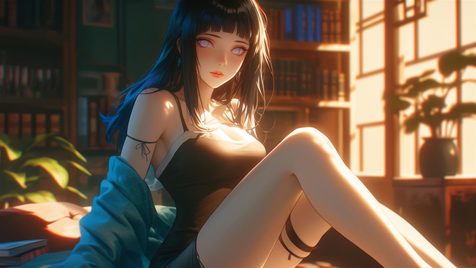 Hinata Hyuga sitting in a modern hotel with warm light glowing on her.