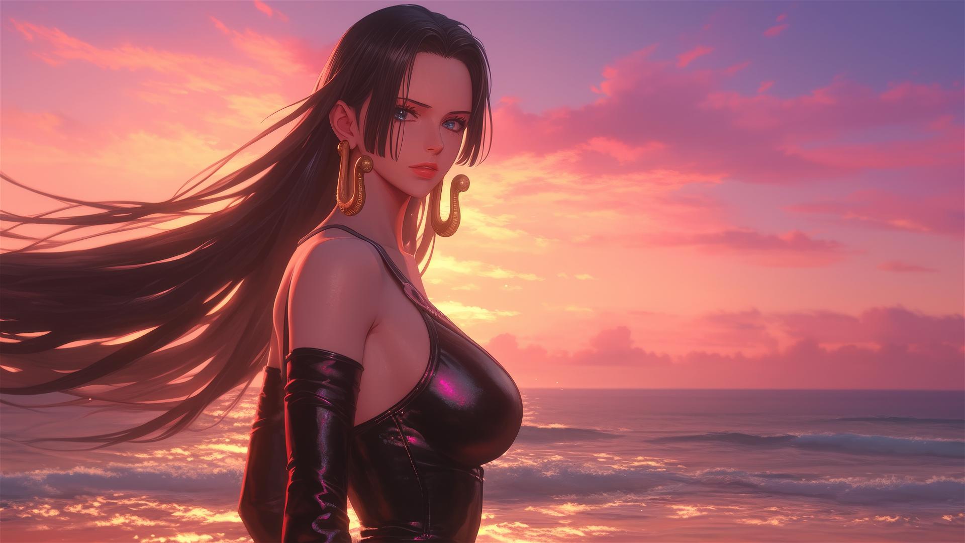 Boa Hancock strides elegantly across a beach at sunset in a black and pink outfit against a neon pink sky.