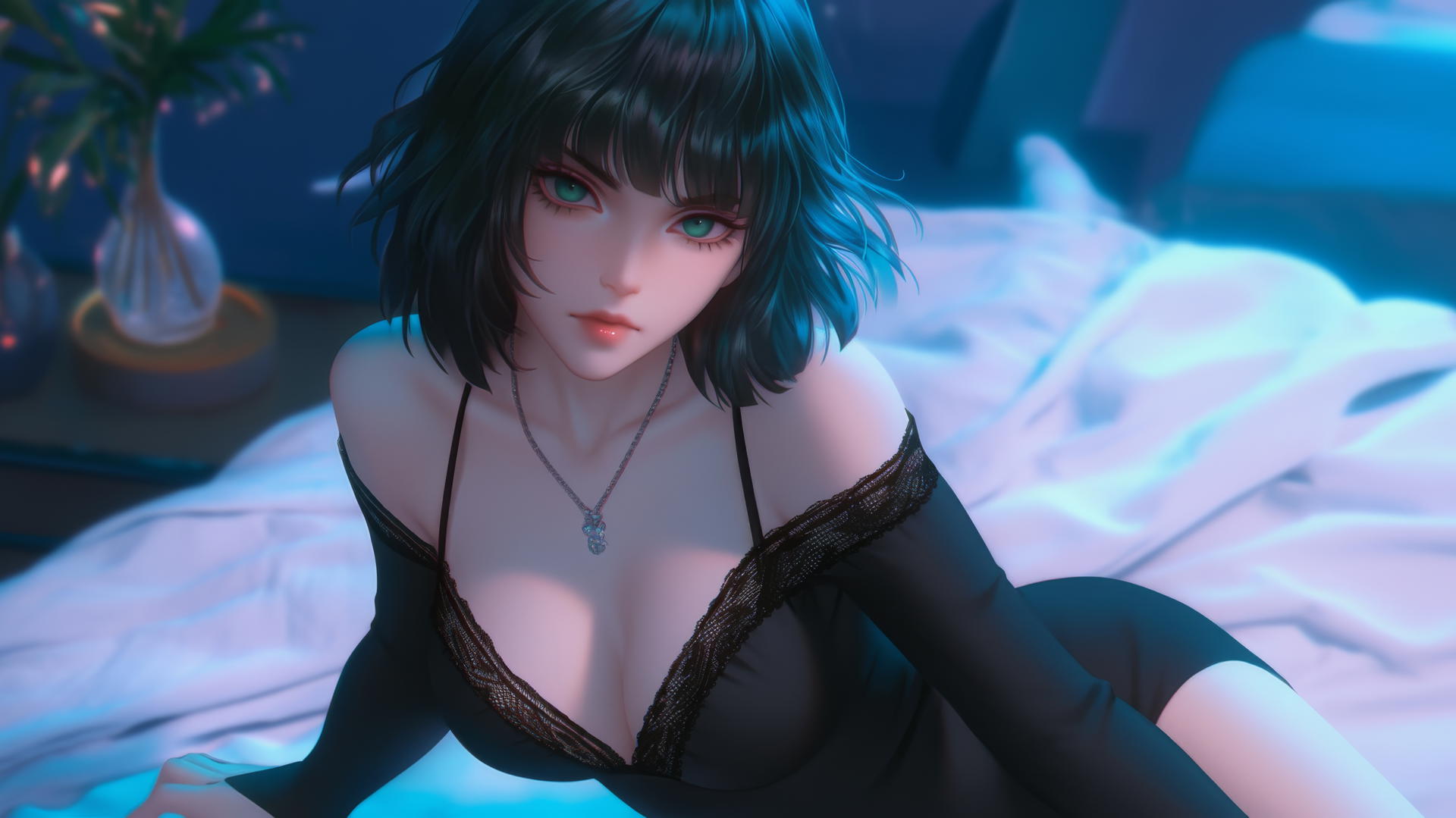 Fubuki from One Punch Man kneeling and looking up, neon light glow.