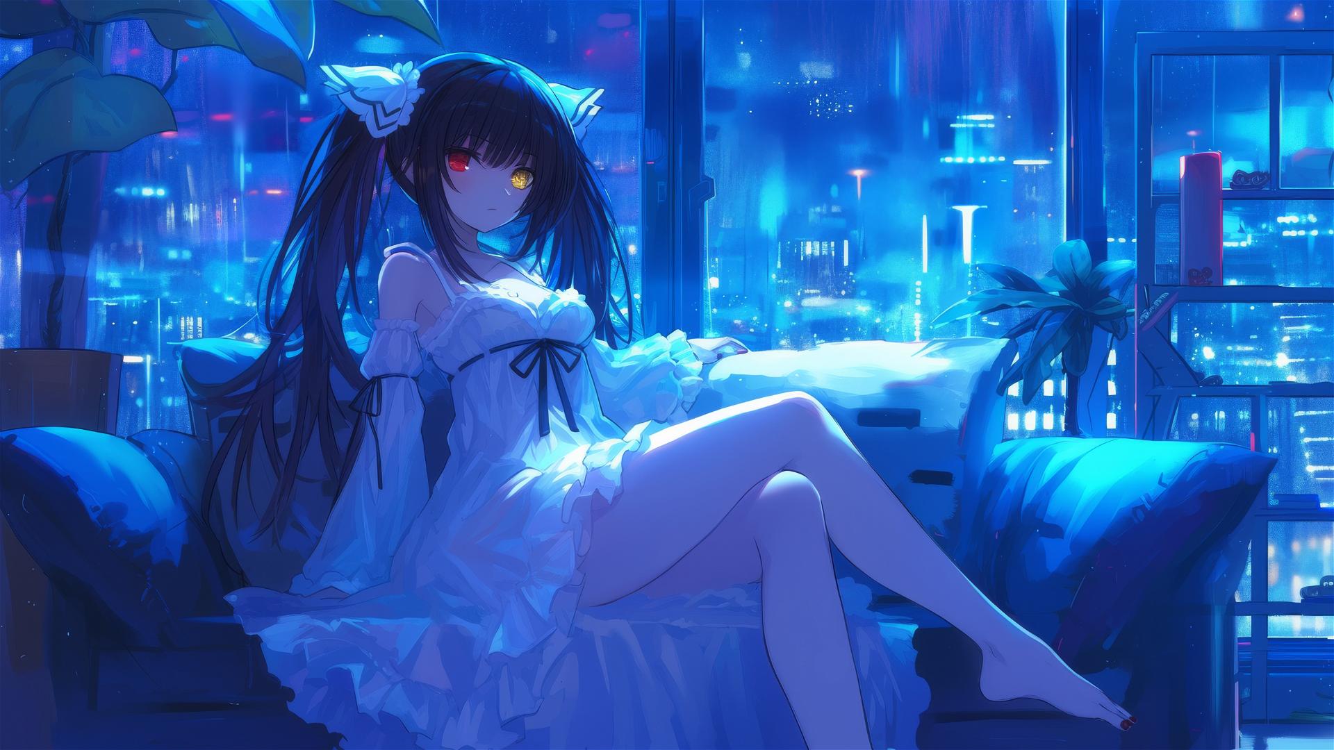 Kurumi Tokisaki resting, moonlight glow, red and yellow eyes