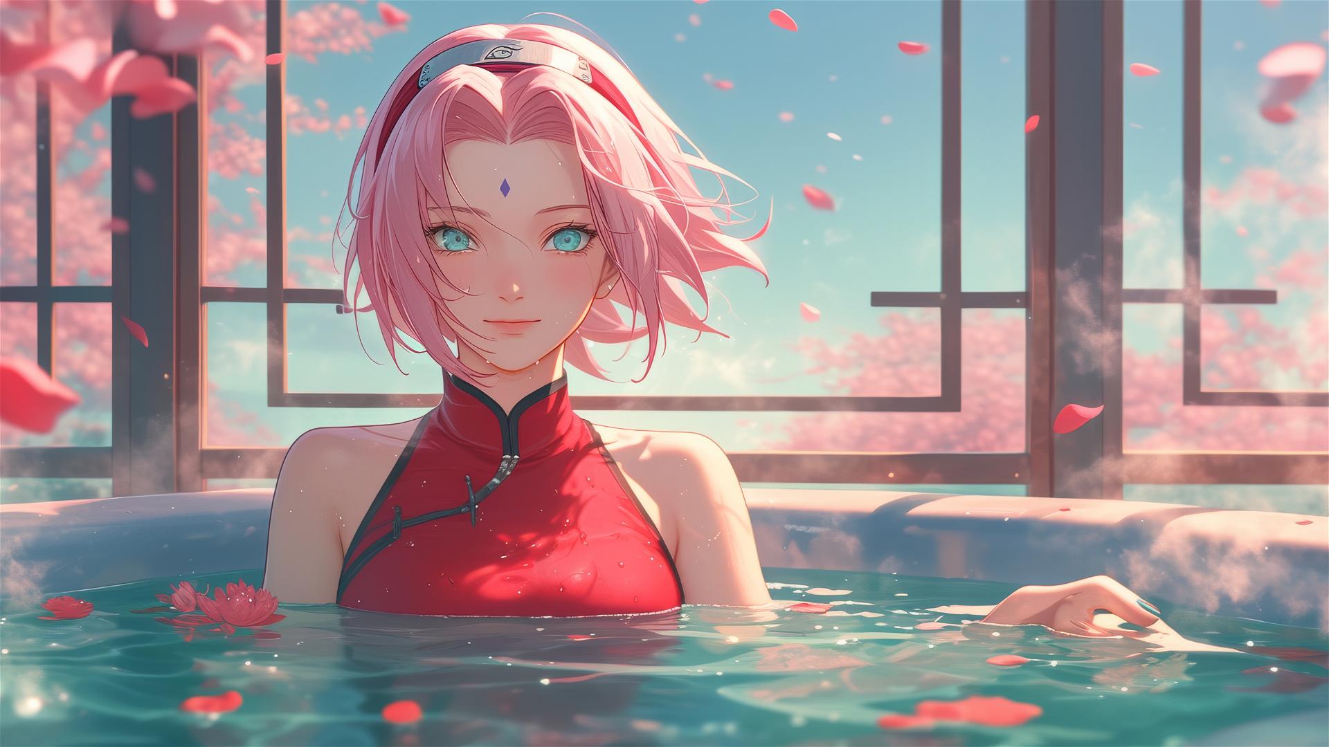 Sakura Haruno from Naruto in a flower-filled tub at a Chinese spa