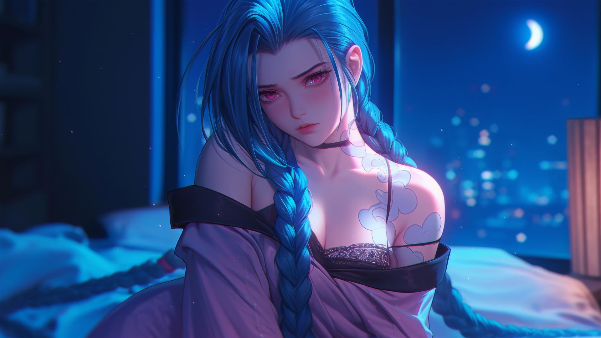 Jinx from League of Legends standing in an apartment under moonlight
