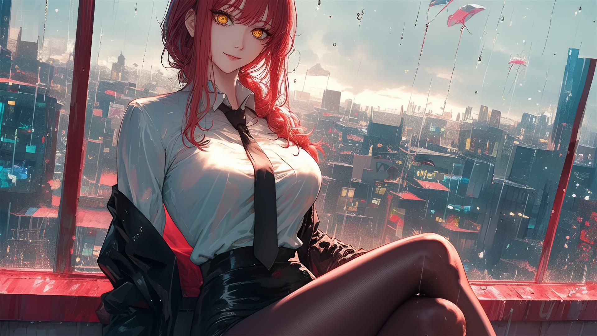 Makima from Chainsaw Man on a rooftop in rain, moonlit with red hair & heels, bunny girl style