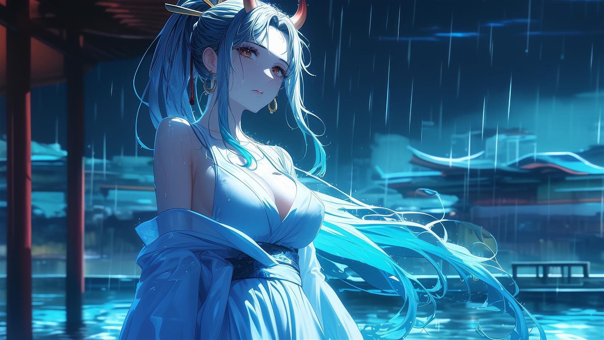 Yamato from One Piece stands in a rainy pool under moonlight, in a white dress