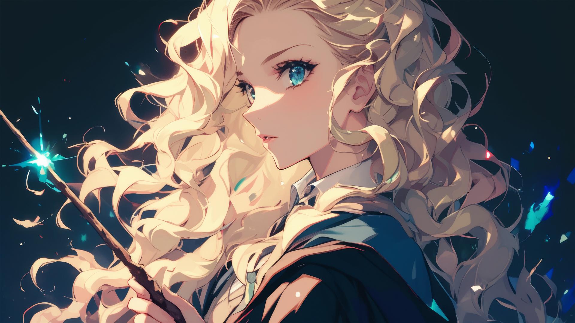 Luna Lovegood illustration with dark background and spotlight
