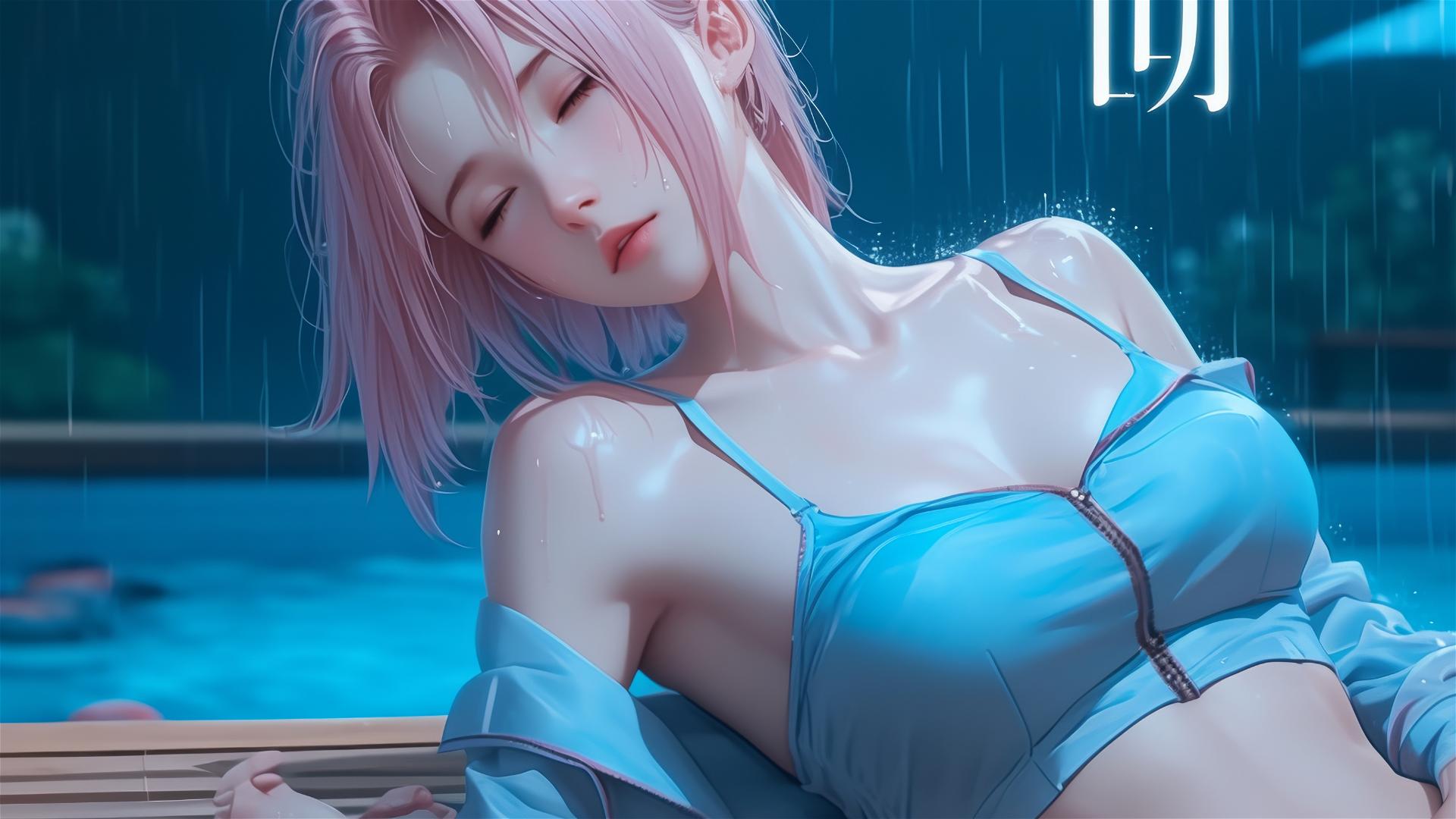Haruno Sakura resting by pool with moonlight glow