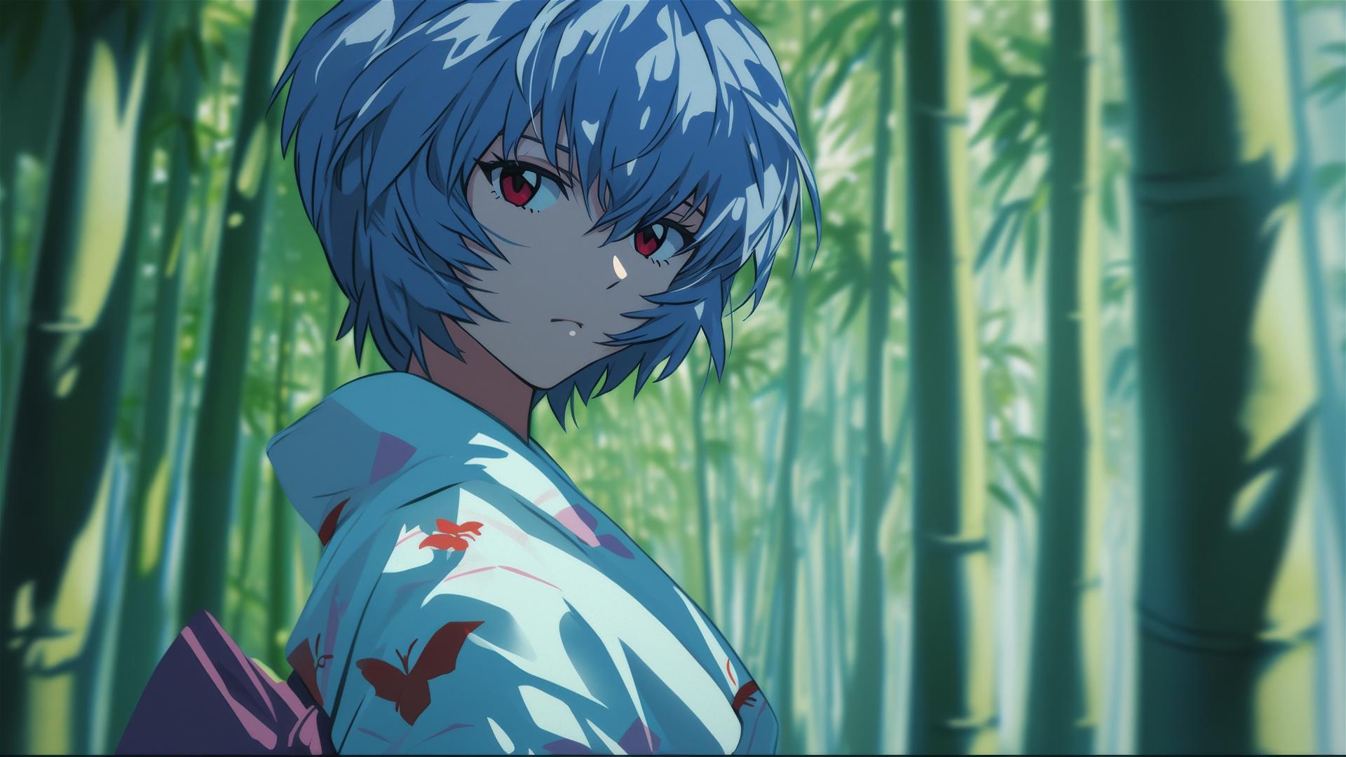 Rei Ayanami in silk kimono in serene bamboo forest